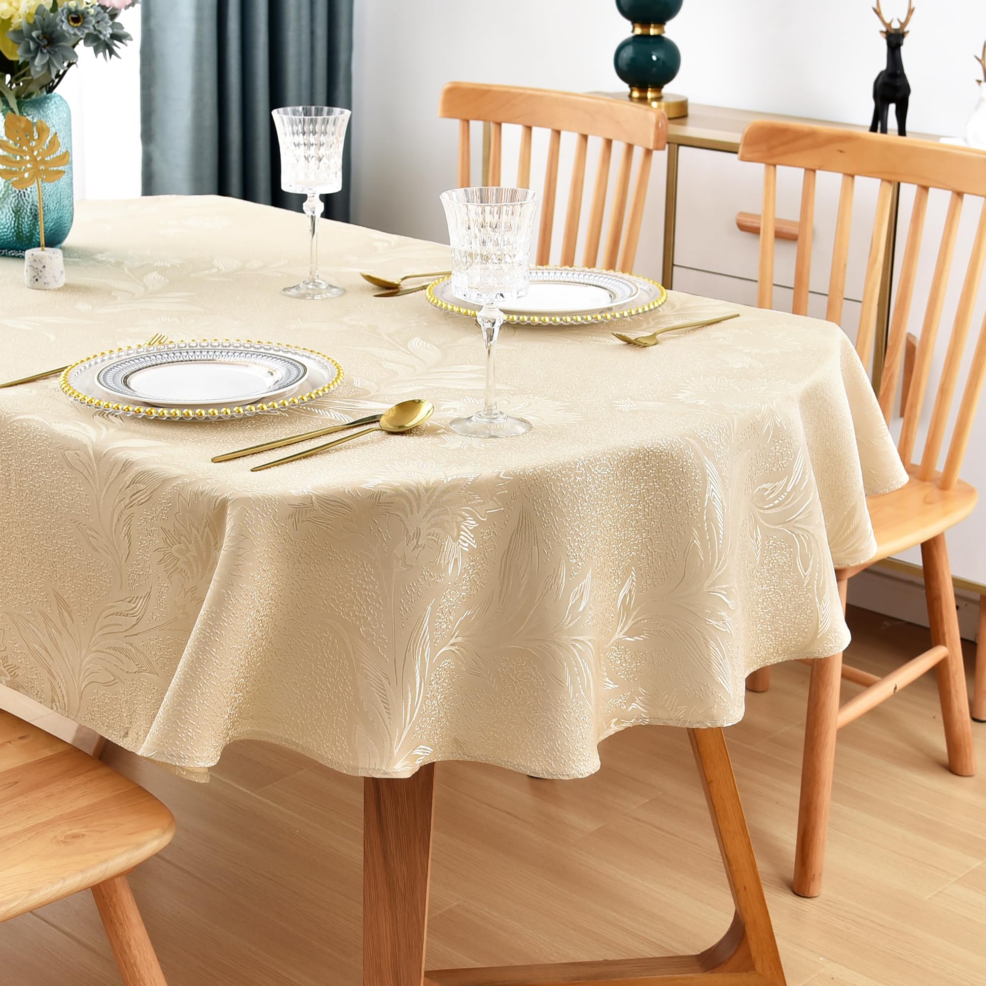 Wolkemer Shiny Oval Jacquard Tablecloth 60 X 102 Inch Beige Floral Countryside Leaves Damask Patterns Table Cloth Glossy Fabric