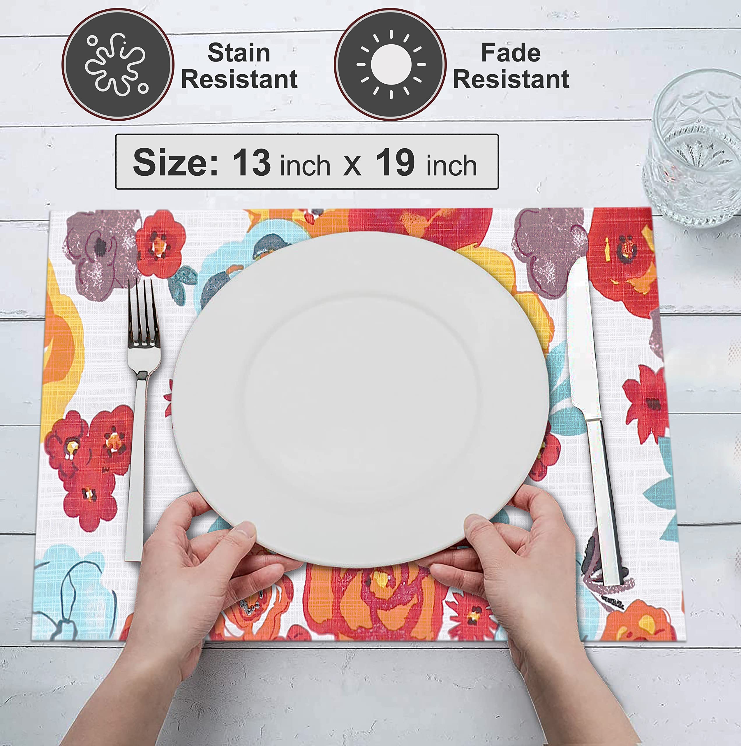 Ruvanti Placemats 100% Cotton 13x19 Inch  Dining Table Placemats Set of 6  Modern Place Mats for Dining Table Decor  Kitchen & Table Linens  Coffee Mat for Christmas Dinners - Multi Flower