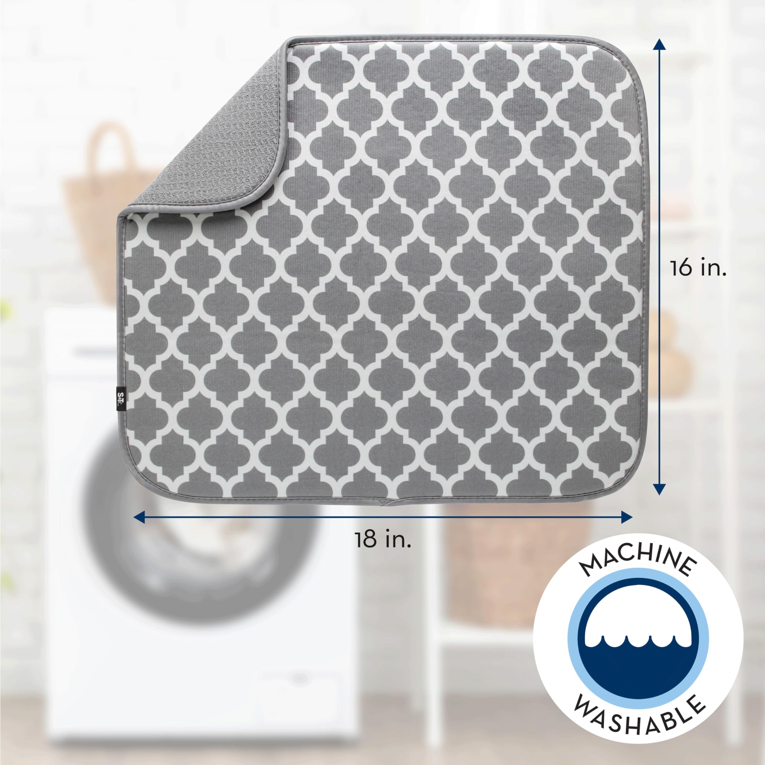 S&T INC. Dish Drying Mat, Absorbent Microfiber, 16” x 18”, White Trellis