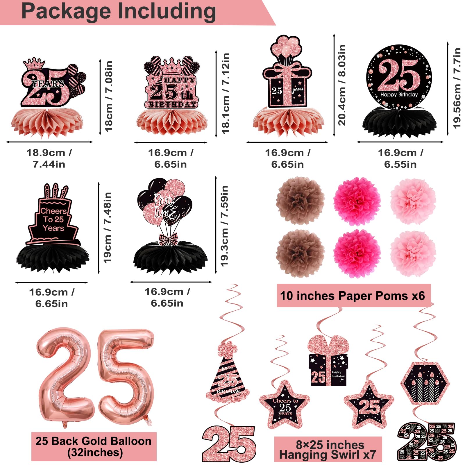 25Th Birthday Decorations For Women,24Pcs 2000 Banner Decorations,Including Banner,6 Honeycomb Topper,25 Balloons,Anniversary Ca