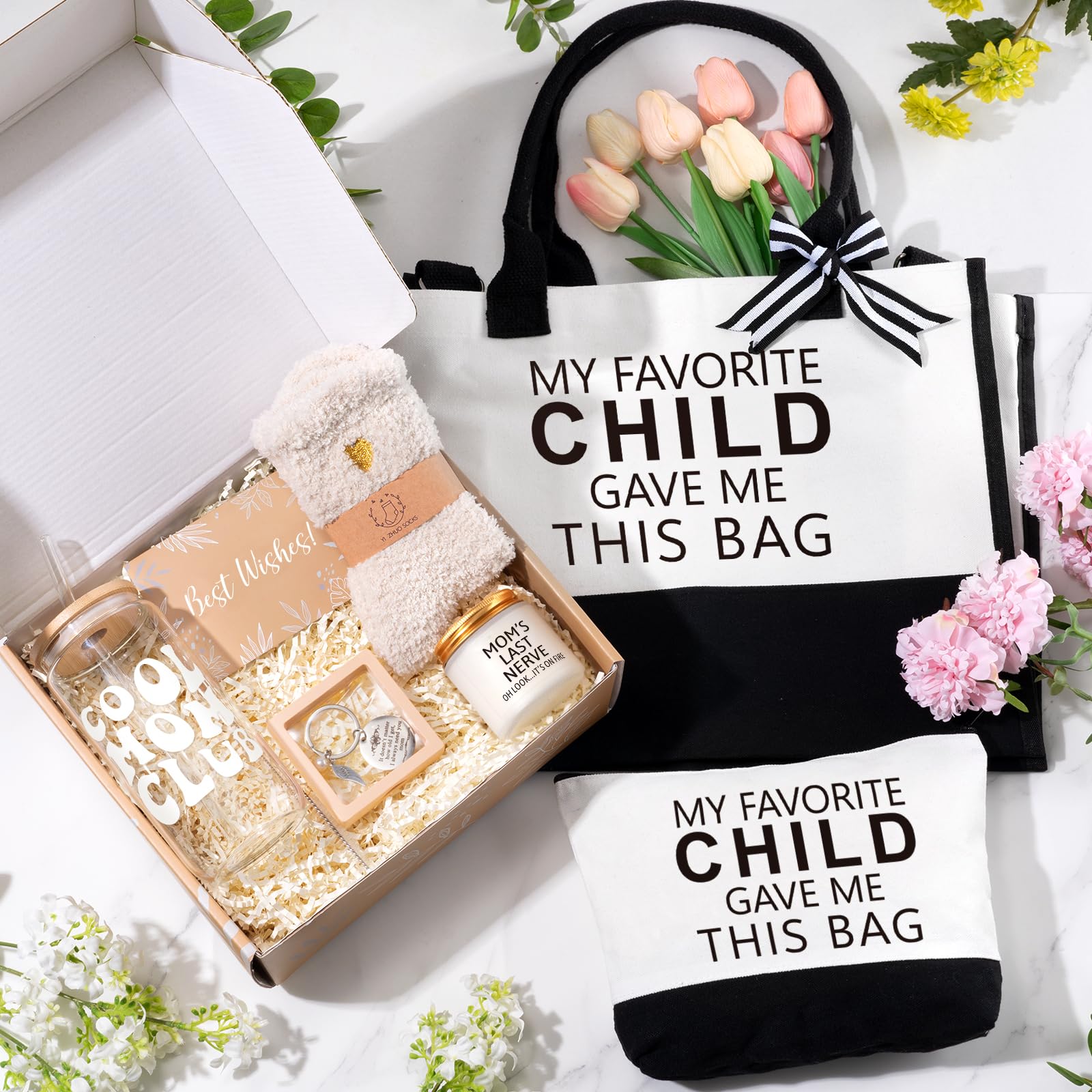 iAOVUEBY Mom Birthday Gifts, Mothers Day Gifts for Mom, 16 Oz Glass Cup Tote Bag Makeup Bag Gift Basket for Moms from Daughter S