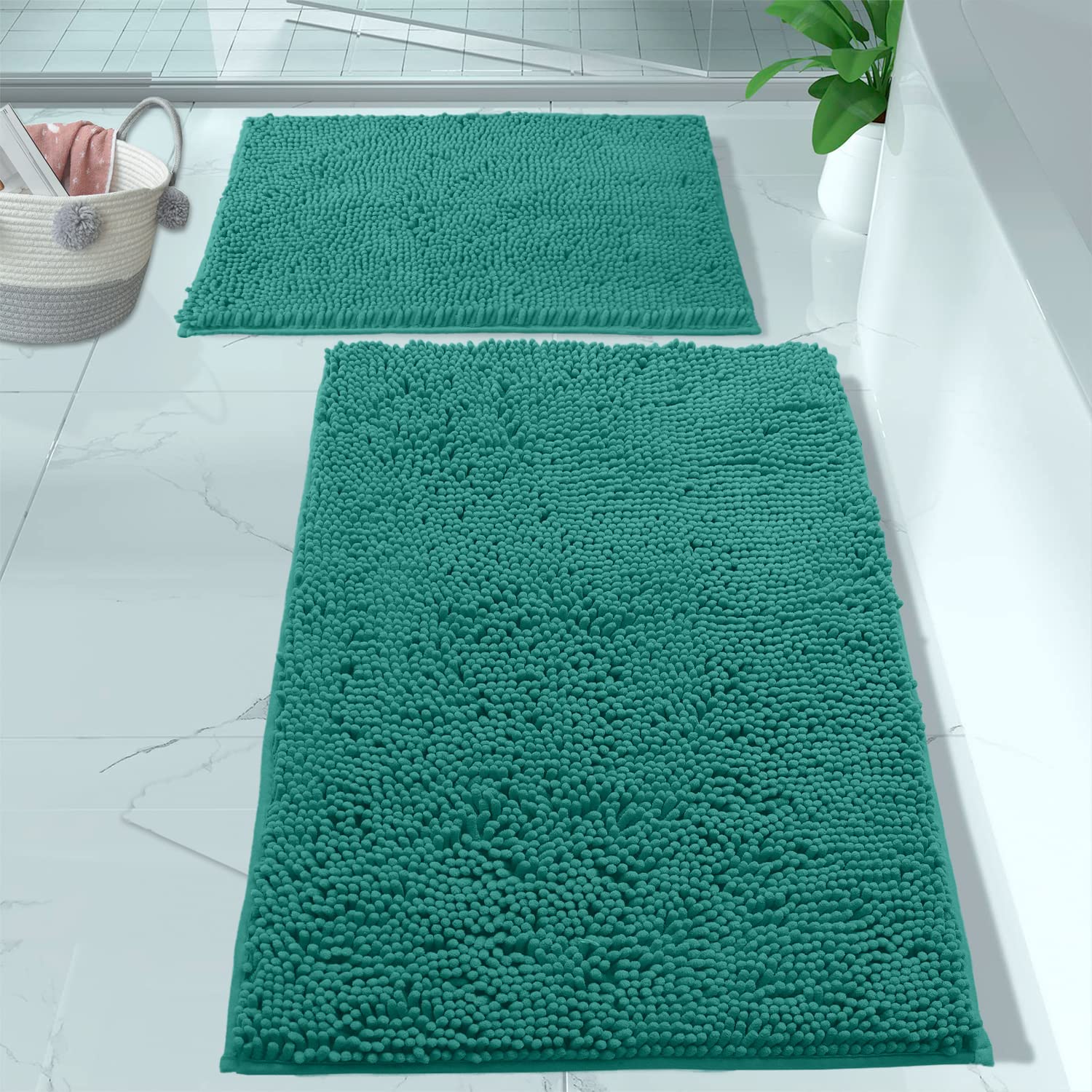 Luxurux Teal Bathroom Rugs Set, Extra-Soft Plush Bath Mat Shower Bath Mat, Includes 20 X 30'' + 15 X 23'' Chenille Rugs, Super A