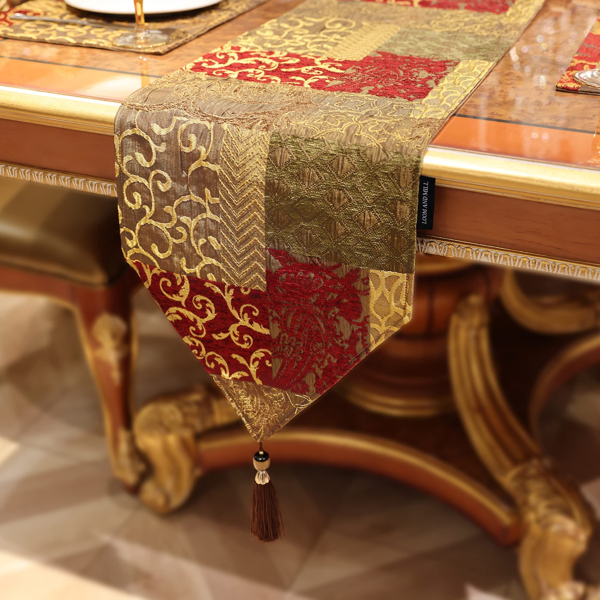 Loom And Mill Luxury Jacquard Table Runner 90 Inches Long, Patchwork Design Chenille Dining Table Runners With Tassels For Holid