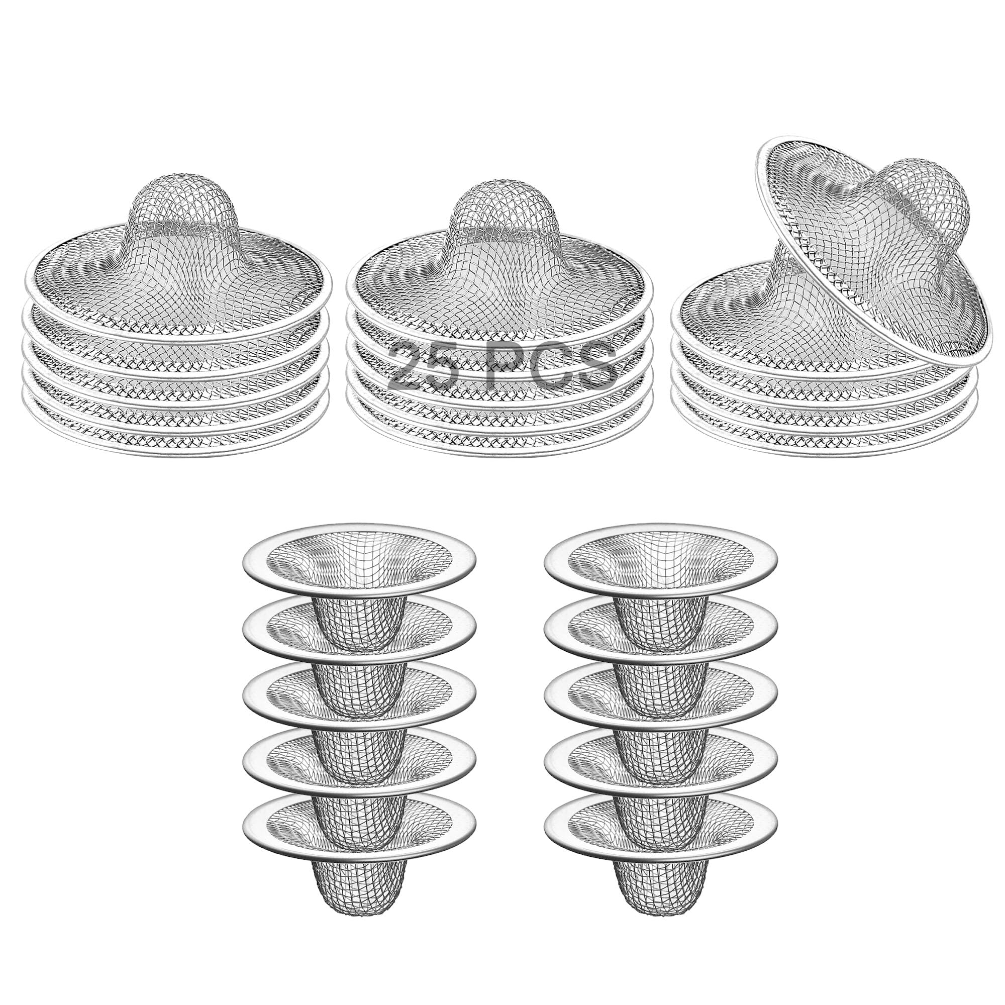 25Pcs Bathroom Mesh Sink Drain Strainer, 2.75'' & 2.125'' Stainless Steel Slop Basket Filter Trap, Mesh Tub Strainer Bathtub Dra