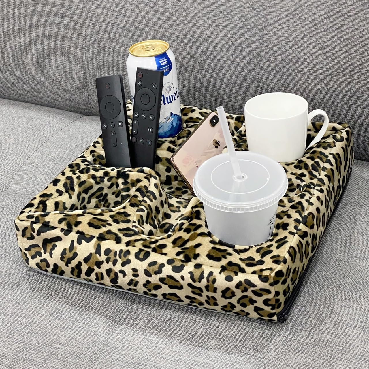 Couch and Bed Cup Holder Pillow  Sofa Refreshment Tray for Drinks/Remote Control/Snacks Holder (Leopard)