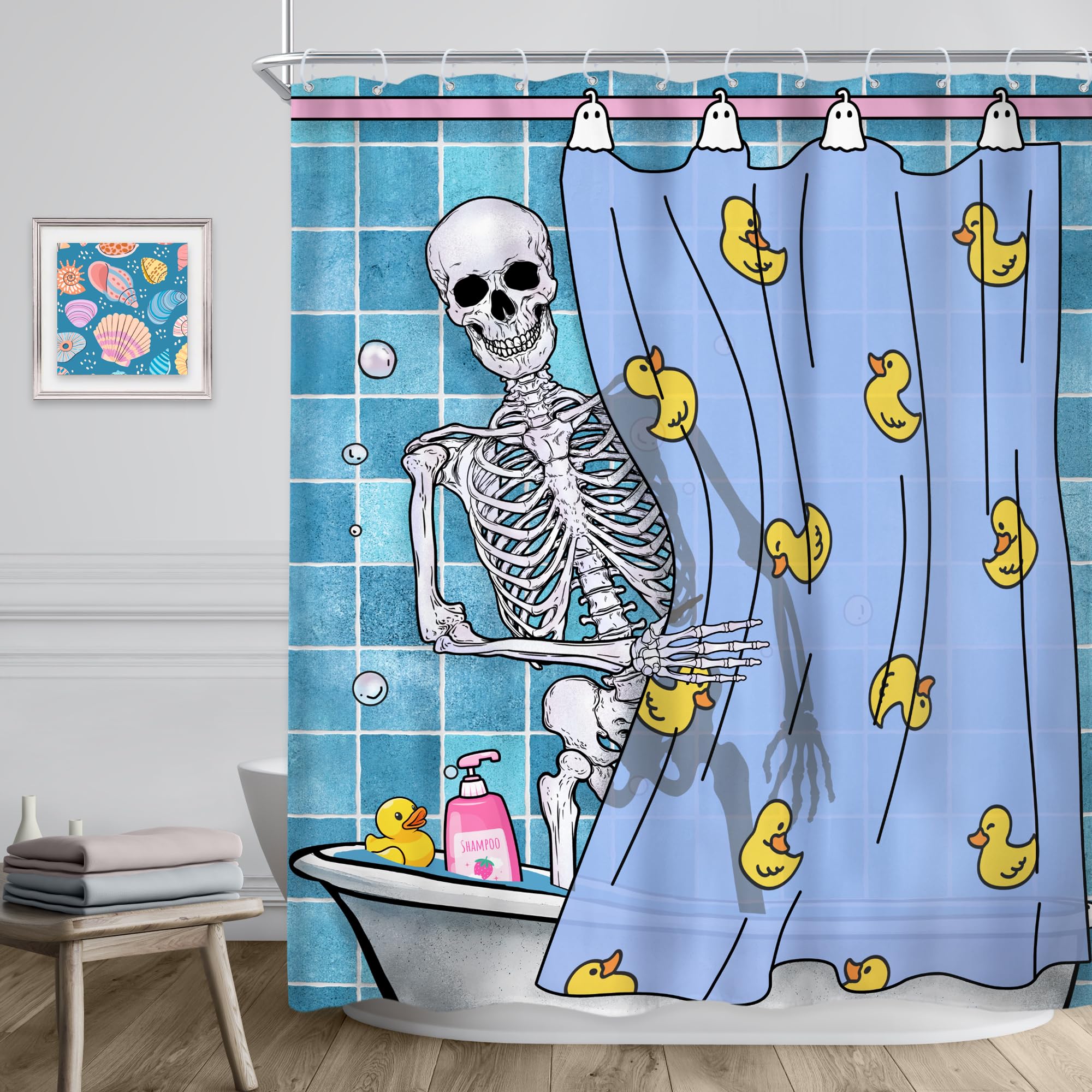 Riyidecor Funny Shower Curtain 60Wx72H Inch Kids Gothic Skull Skeleton In Bathtub Bathing Spooky Yellow Rubber Duck Cool Hilario