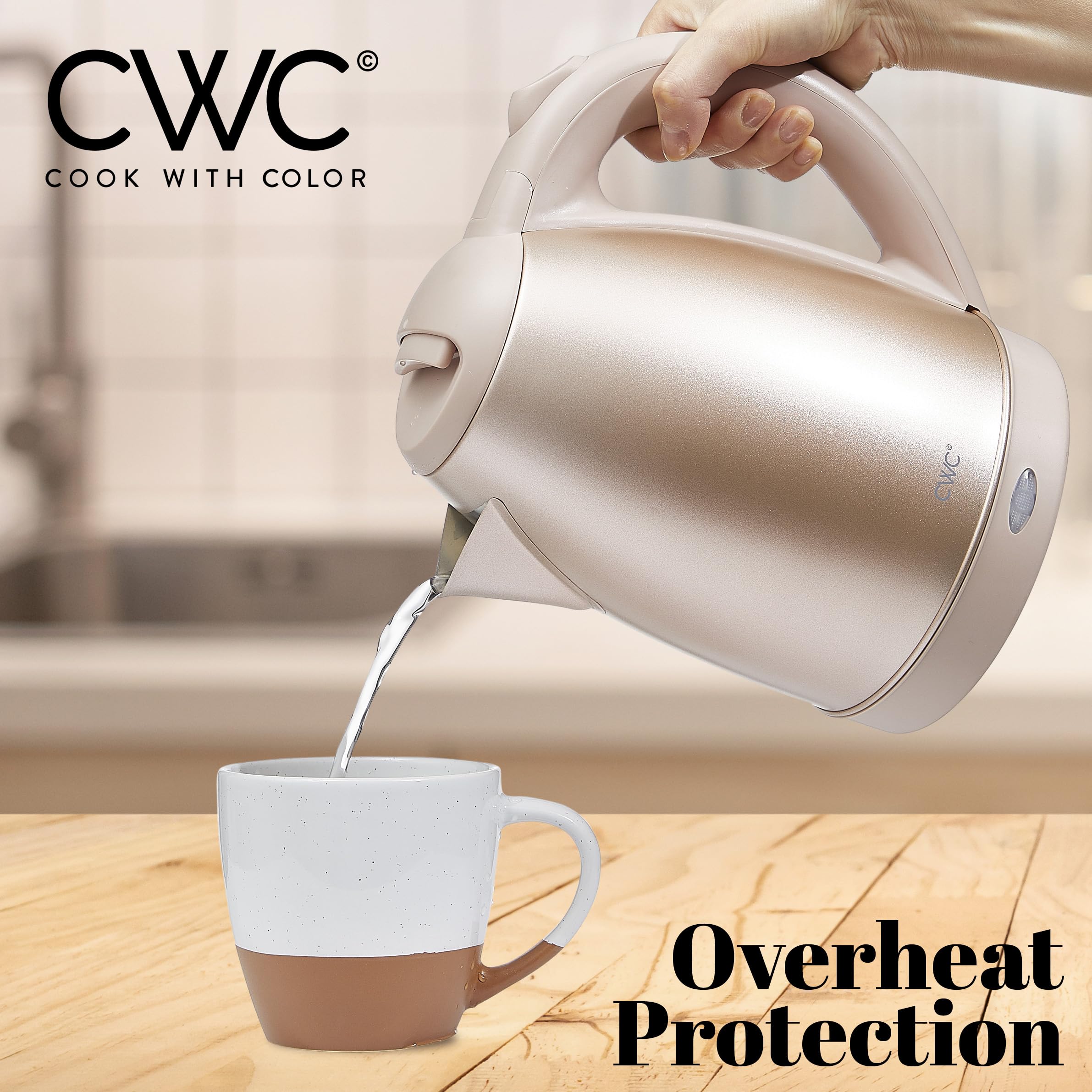 Cook With Color Electric Kettle - 1100W, 1.7L, Fast Boil, Auto Shut-Off, Swivel Base, Stainless Steel, Blush