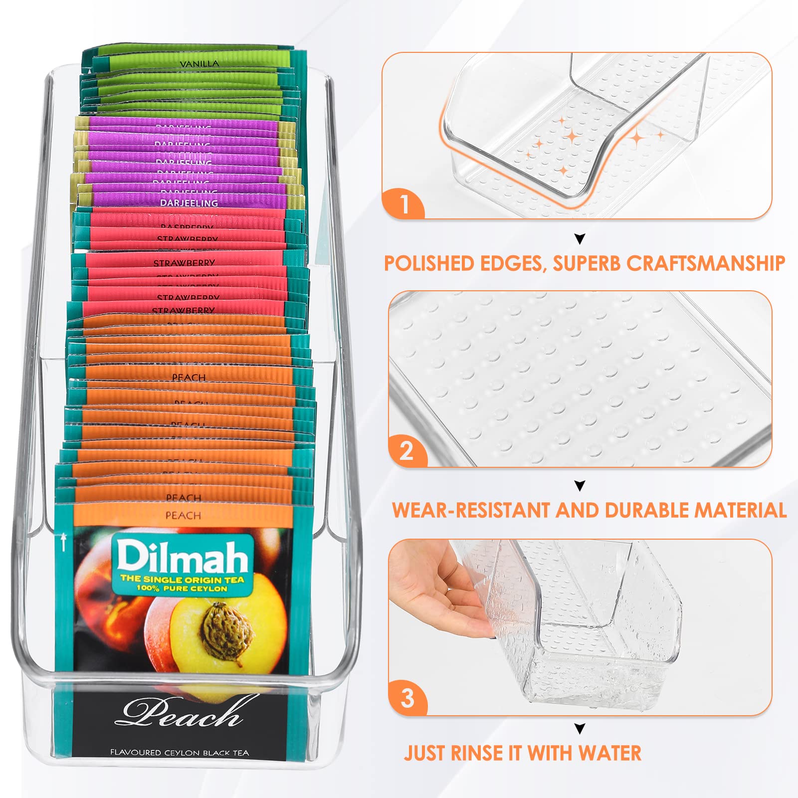 MaxGear Tea Bag Organizer Tea Bag Storage Tea Bag Holder Tea Box Clear Storage Bins for Sugar Packet  Coffee  Condiment  Spice Pouches in Kitchen  Cabinet  Countertop  Pantry  10.4 x 3.5 x 3 inch