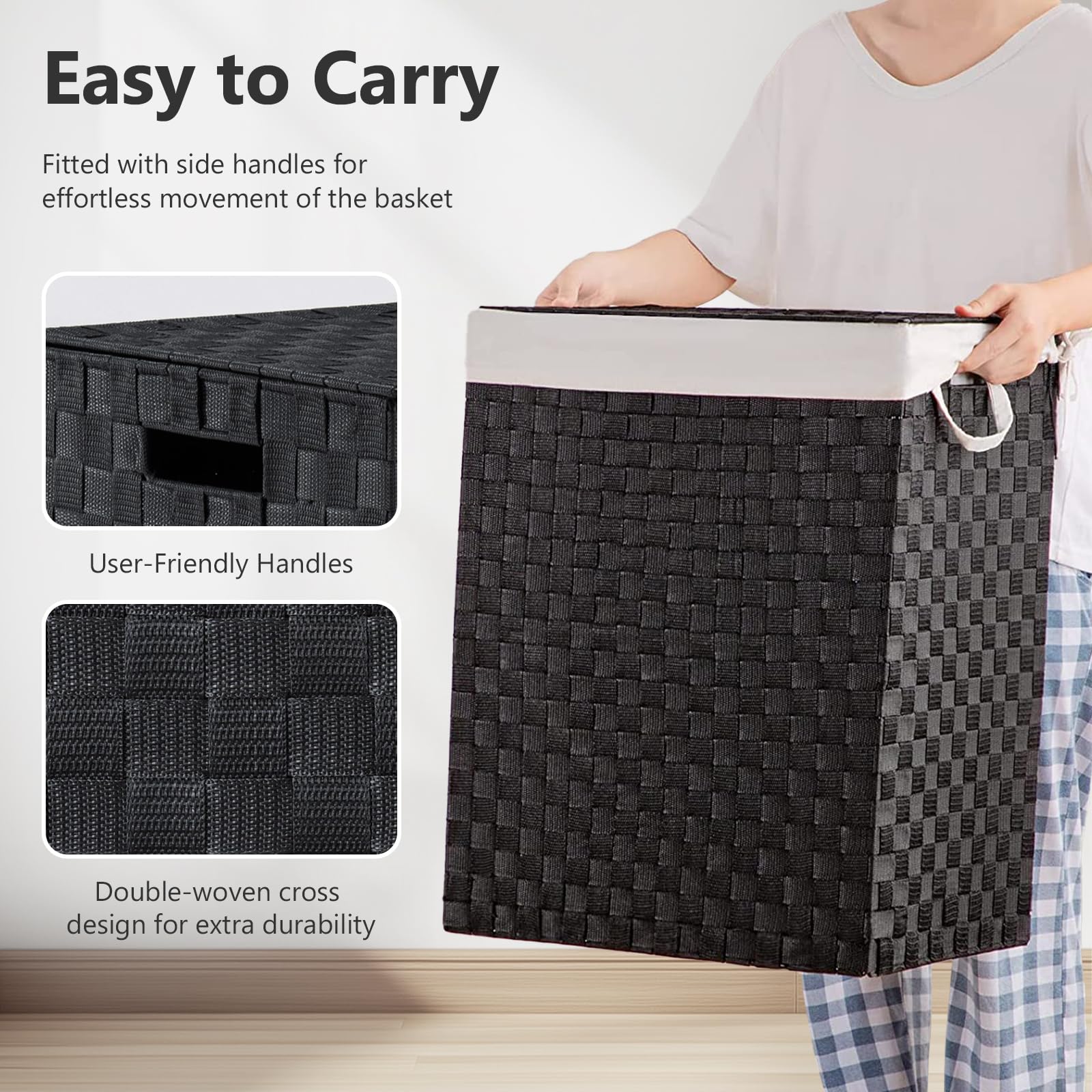 Fiona's magic Laundry Hamper Basket with Lid  Handwoven 90L Large Clothes Hamper with Removable Liner Bags  Collapsible Black Tall Hamper for Bathroom  Bedroom and Dorm Room Organizer
