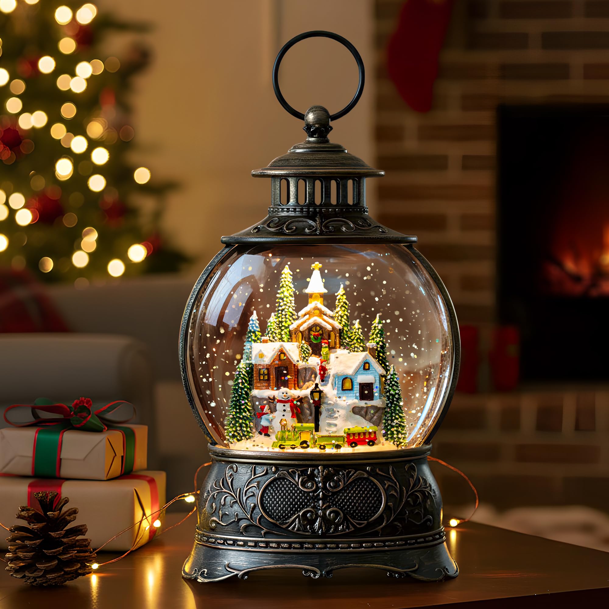 Christmas Snow Globe Water Lantern with Mountain Village and Train Scene Battery Operated or USB Powered Musical Lighted Holiday