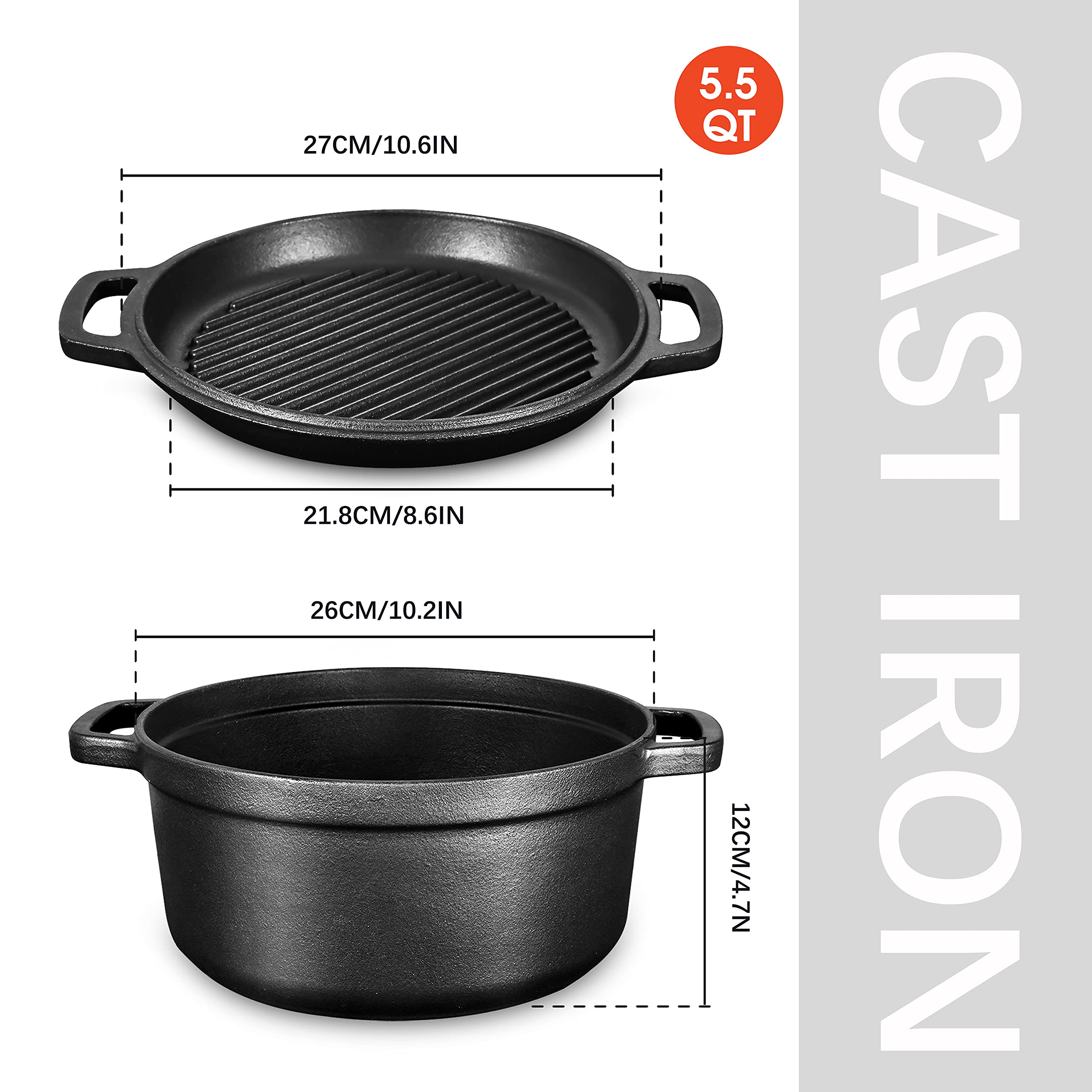 Pre-Seasoned Cast Iron 2-In-1 Heavy-Duty 5.5Qt Dutch Oven With Skillet Lid Set, Oven,Grill, Stove Top, Bbq And Induction Safe