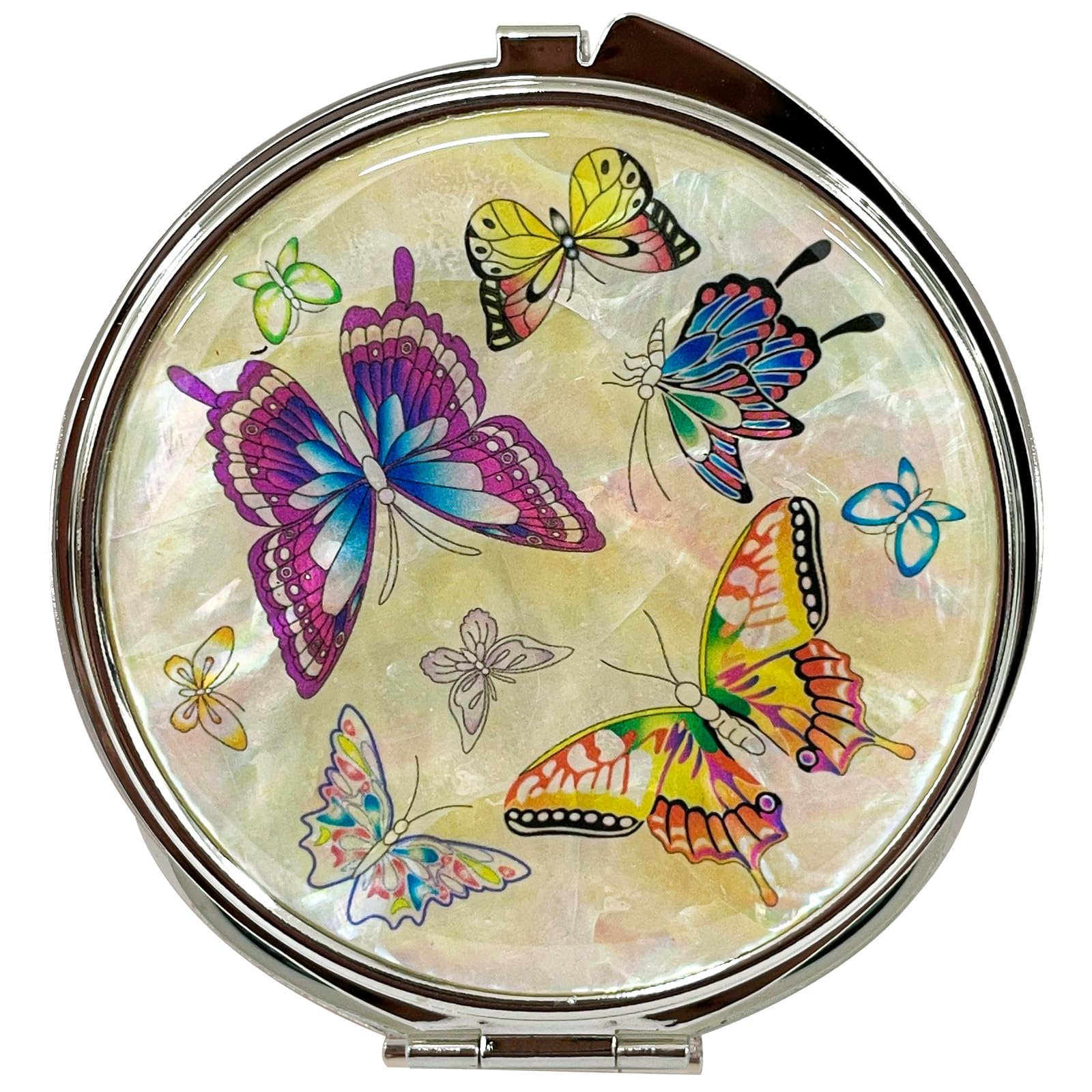 Nacreh Portable Makeup Compact Double Magnifying Mirror Cosmestic Foldable Pocket Style Unique Mother Of Pearl Design (Butterfly