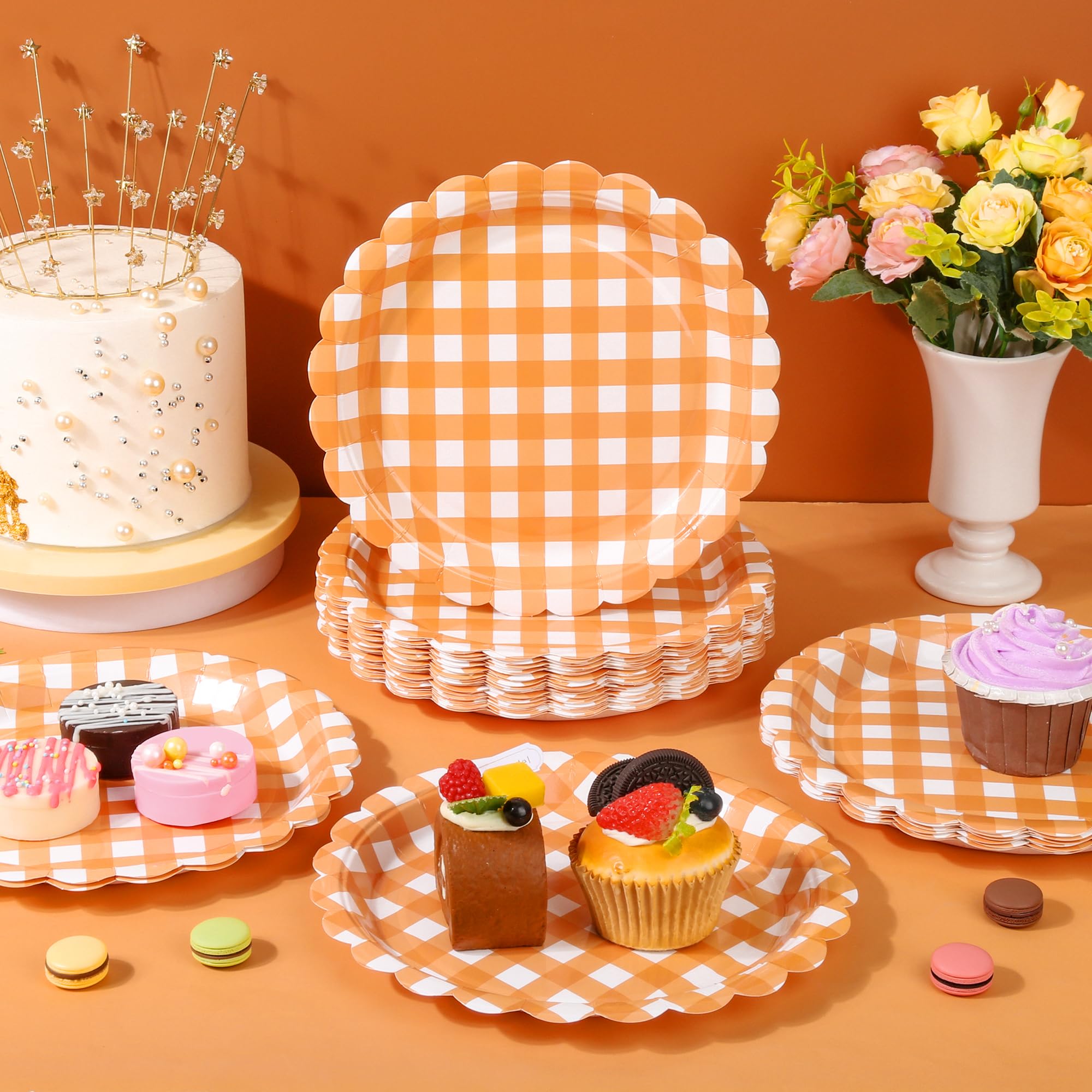 Houuqe 48 Pcs Gingham Paper Plates - 7 Inch Scalloped Fall Paper Plates Orange and White Checkered Party Plate Disposable Plaid