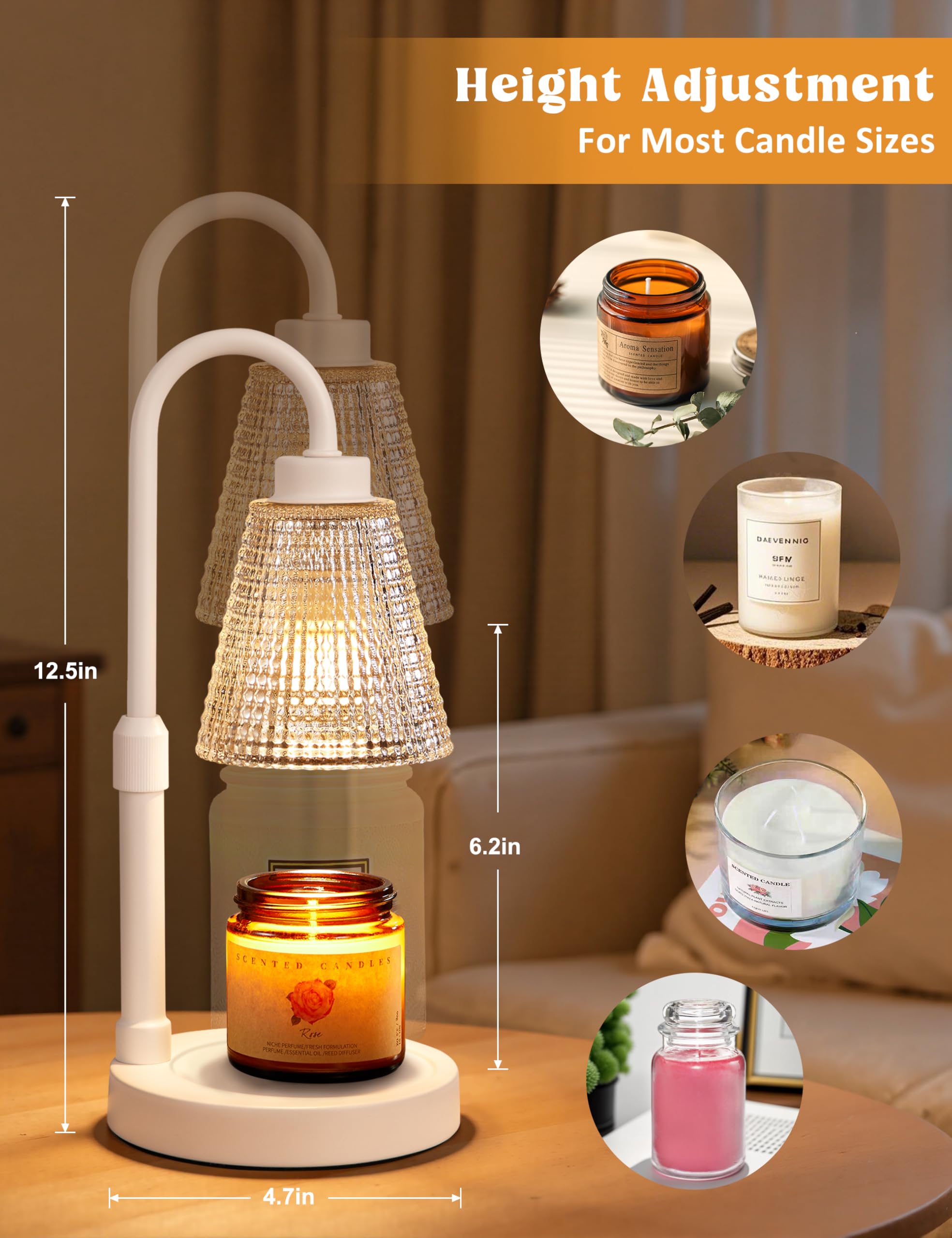 Innqoo White Candle Warmer Lamp with Timer, Dimmable Candle Warmer for Jar Candles, Height Adjustable Wax Melts Warmer, Birthday