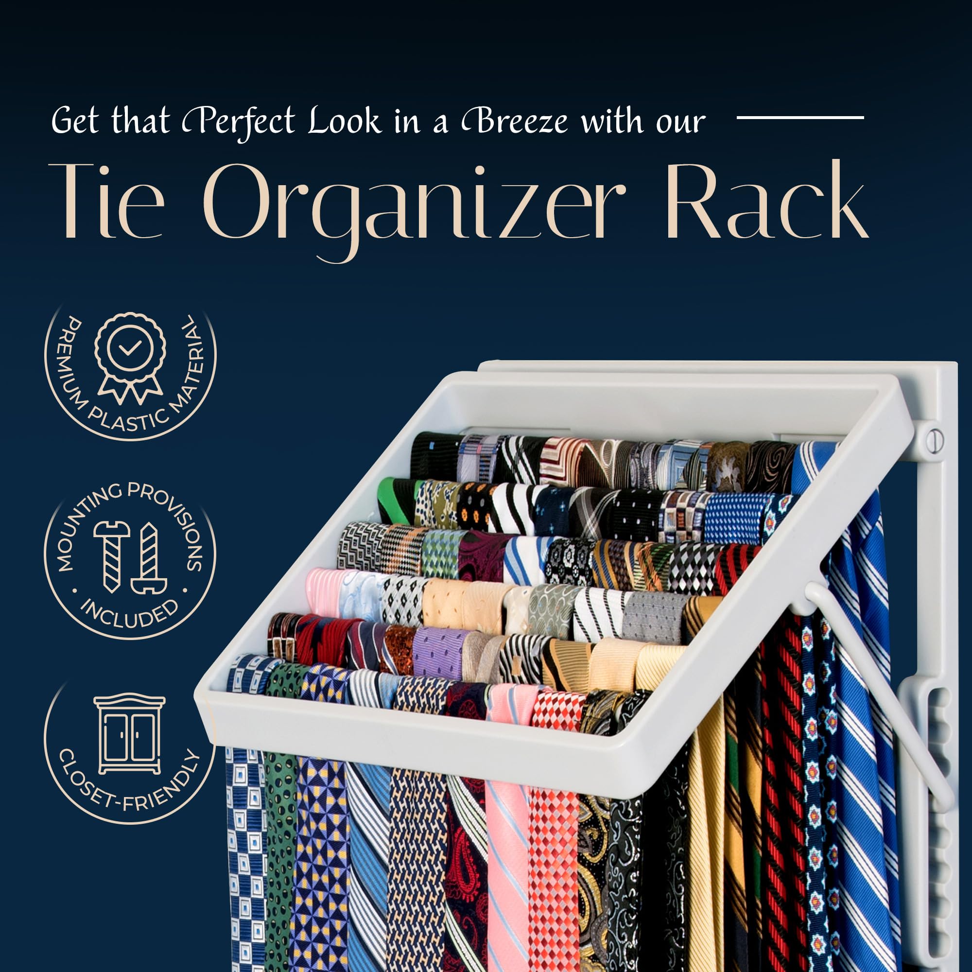 Tie And Scarf Organizer, Tiemaster Battery-Free Organizer, Holds 60 Ties And Scarves, Easy Installation, Sleek Design, Preserve