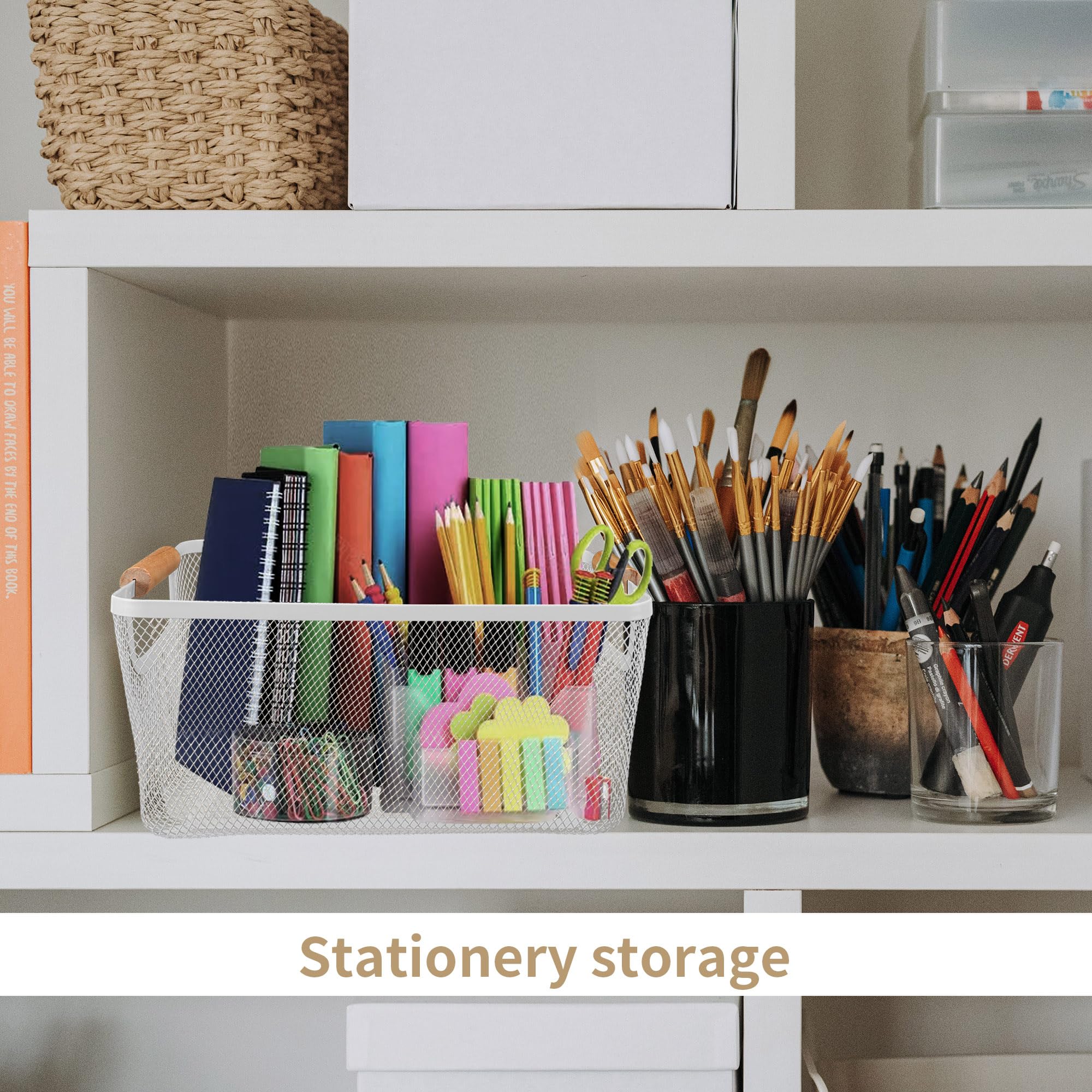 2Pack Metal Mesh Steel Basket With Bamboo Handle - Wire Metal Basket For Kitchen Organization, 12'' Wide Food Organizer Bin, Per