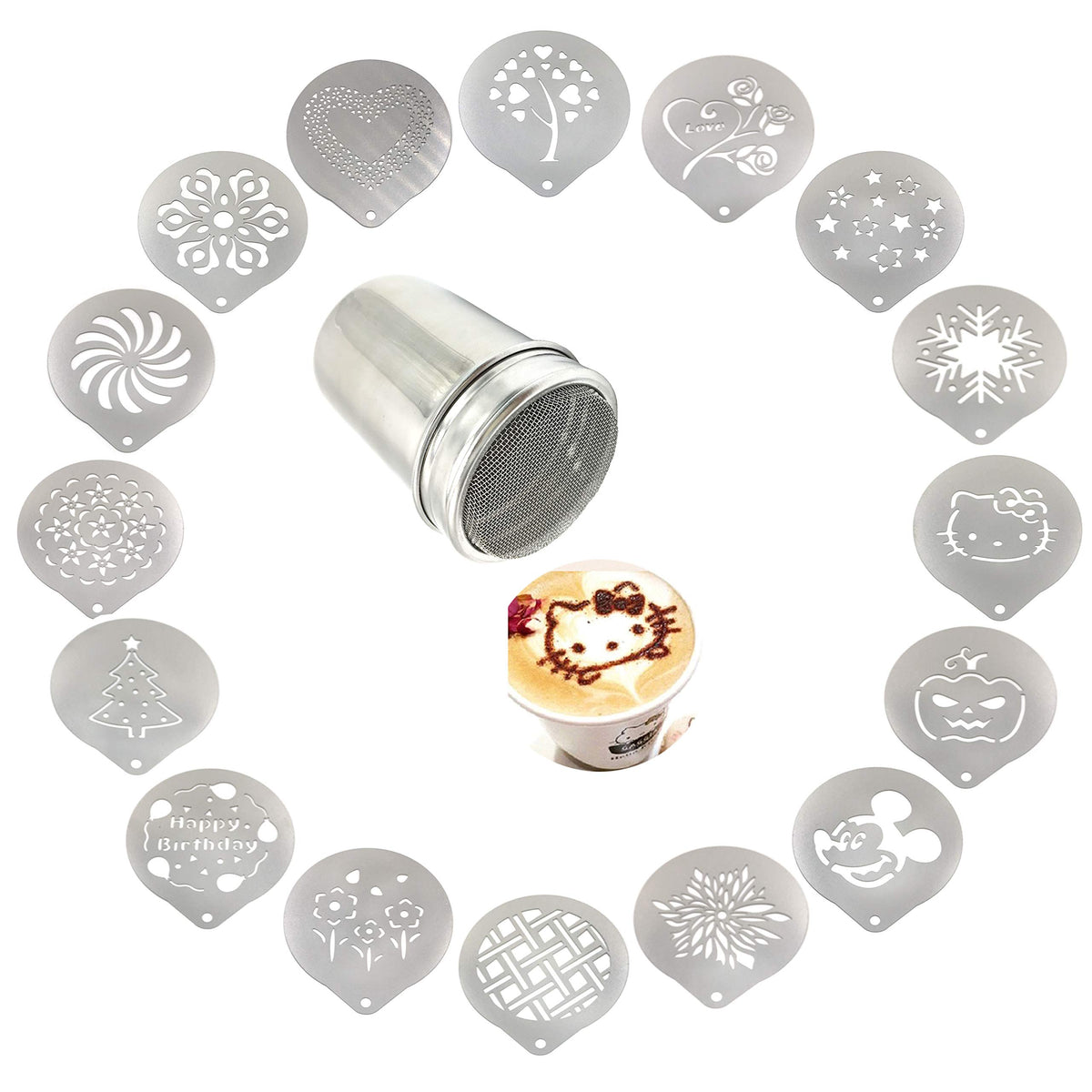 Lofekea Stainless Steel Powder Shakers Coffee Cocoa Cinnamon Shaker Cans Mesh Duster With 16Pcs Stainless Steel Barista Coffee D