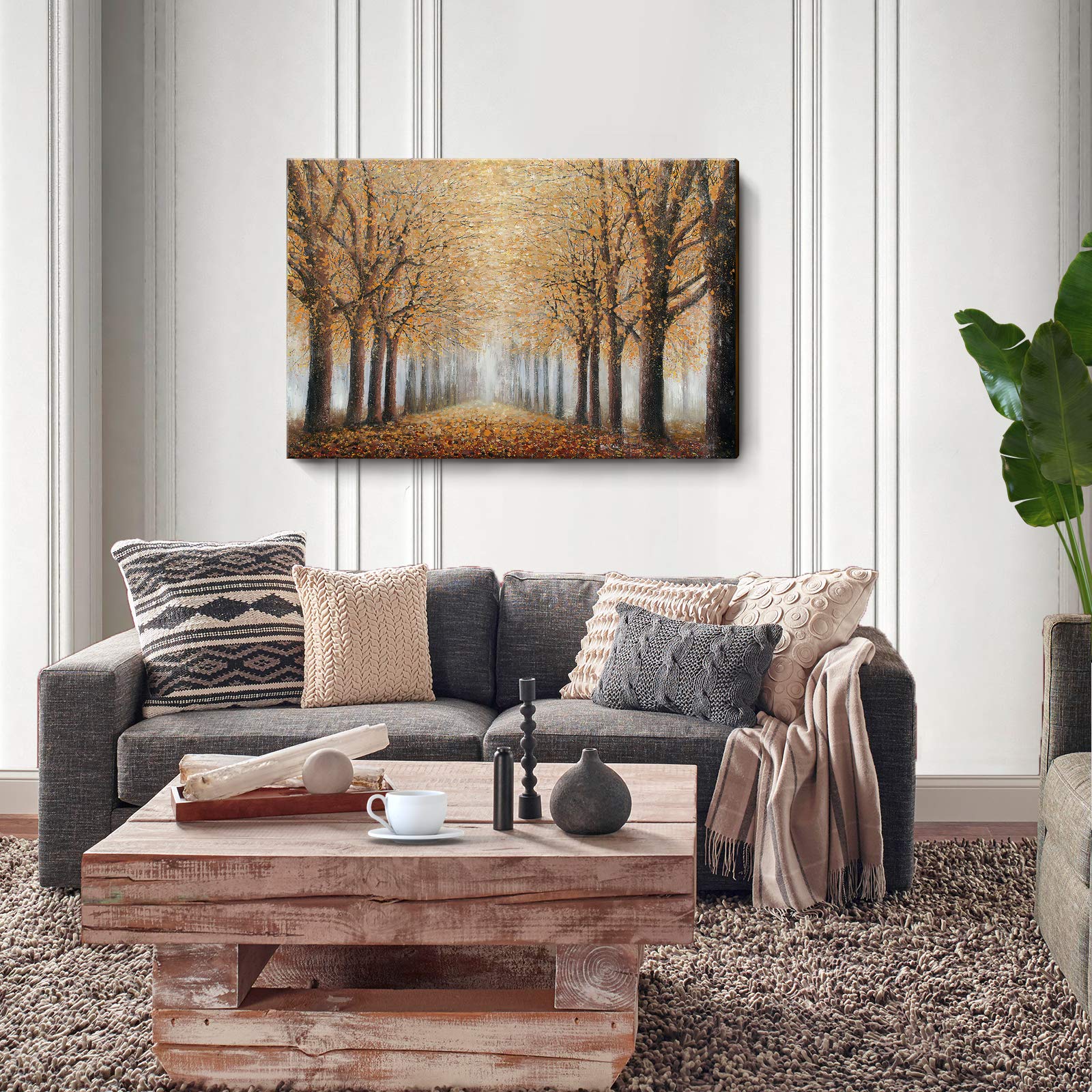 Large Tree Wall Art for Living Room Hand-Painted Forest Oil Painting Framed Yellow Grove Artwork Autumn Landscape Canvas Picture for Living Room Bedroom Home Decorations Wall Decor Large 48''x32''