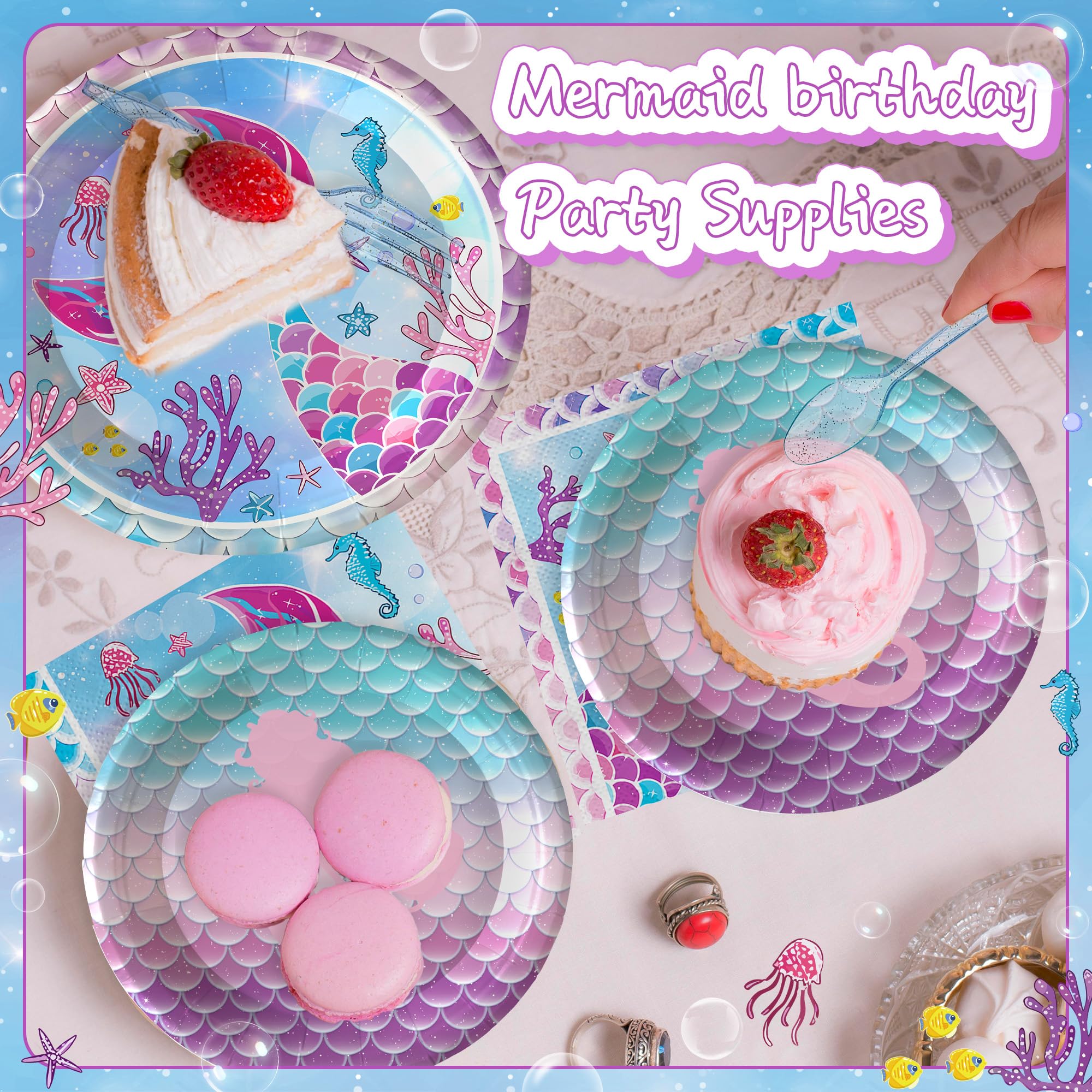 Sjjpdyy 171Pcs Mermaid Birthday Party Decorations Set Mermaid Party Supplies Includes Plates, Napkin, Fork, Cup, Tablecloth, Ban