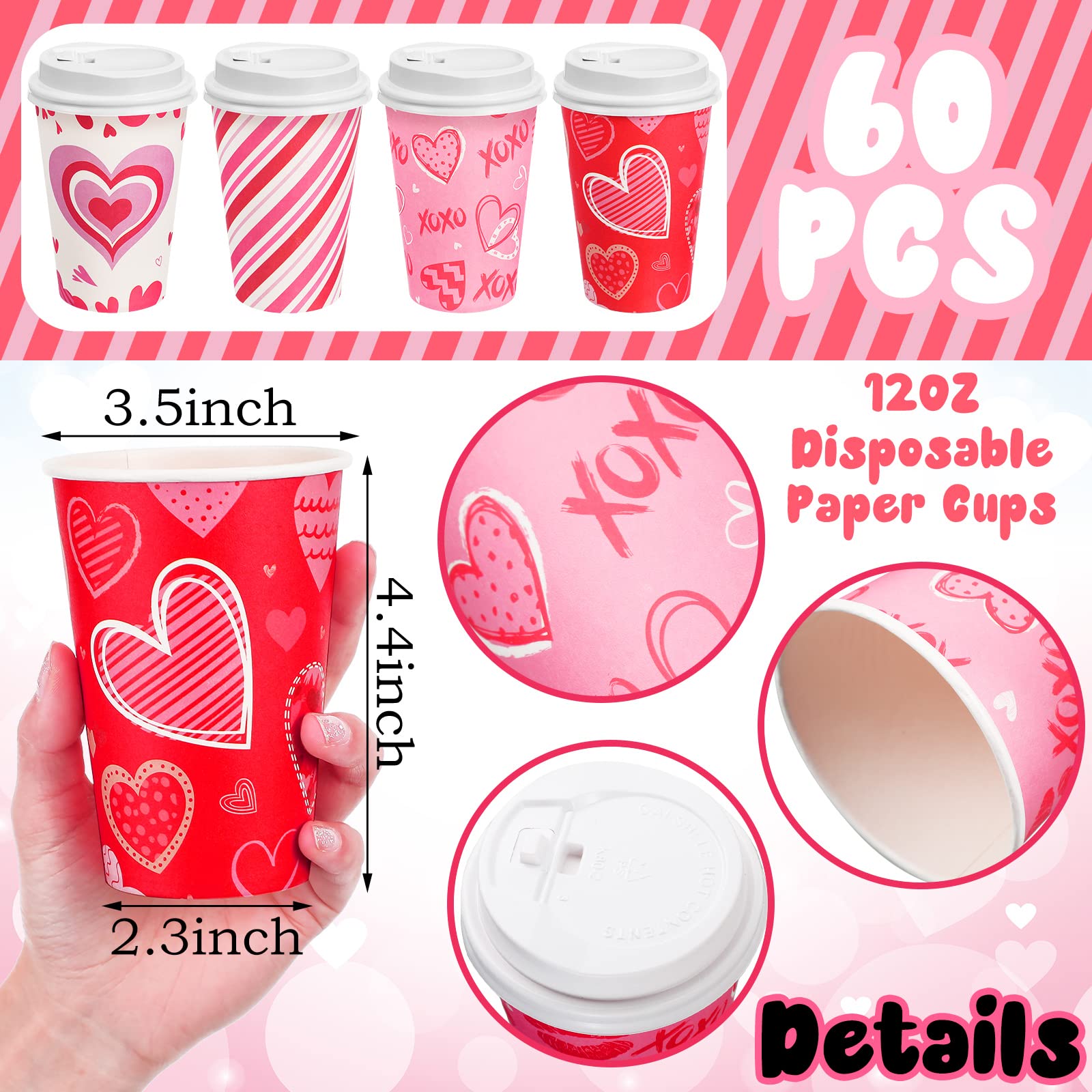 Funtery 60 Set Valentine'S Day Disposable Cups With Lids 12 Oz Pink Paper Beverage Cups Hearts Hot Chocolate Cocoa Hot Tea Conta