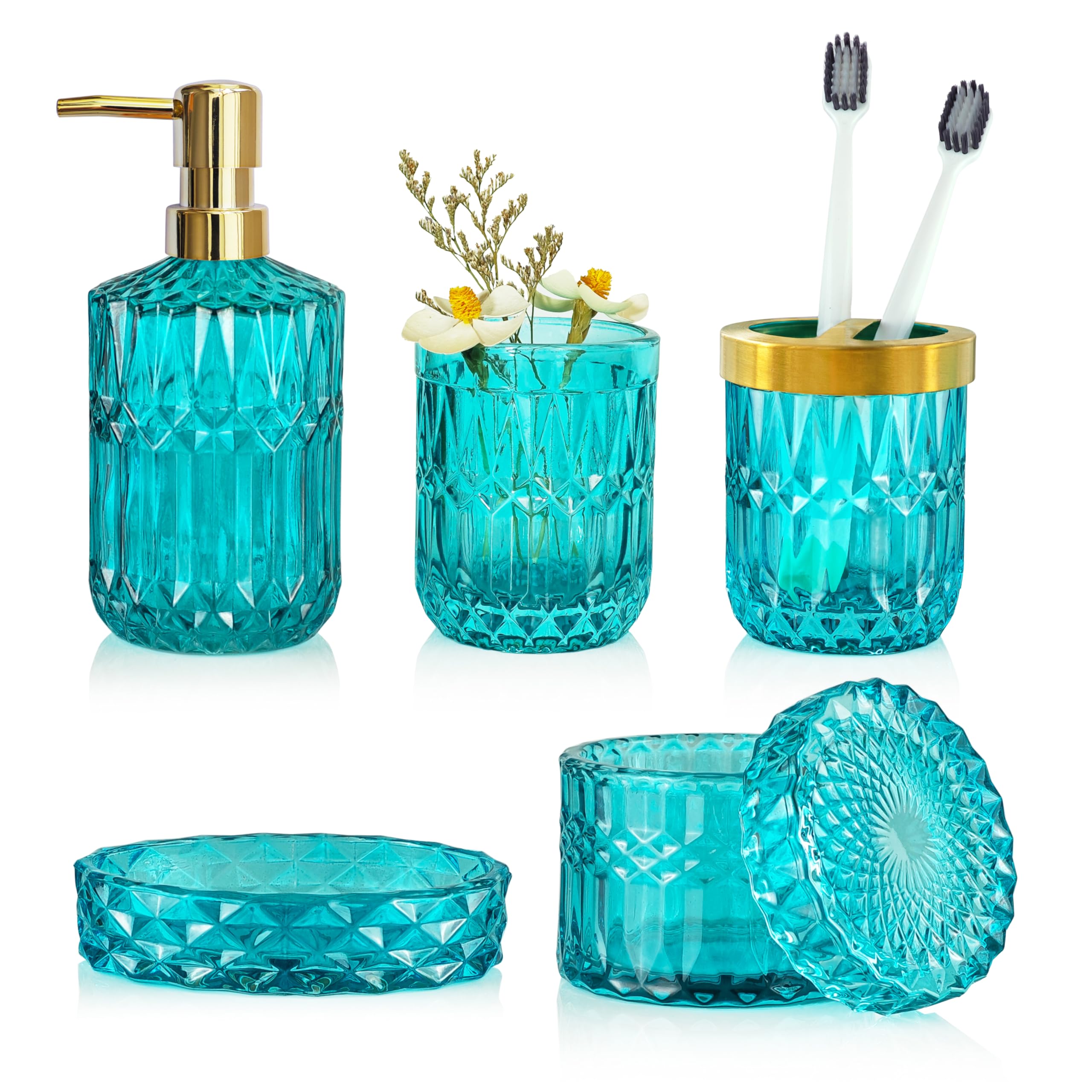 LaMarriti Teal Blue Bathroom Accessories Set, 5Pcs Clear Glass Bathroom Accessories, Hand Soap Dispenser Set, Soap Dish, Toothbr
