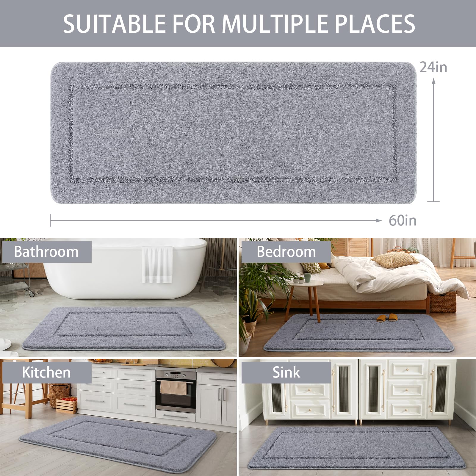 LOCHAS Luminous Non Slip Bathroom Rugs Runner 24 x 60 Inch  Extra Soft and Comfy Bath Mats Rug  Absorbent Thick Microfiber Mat Carpets for Shower  Light Gray