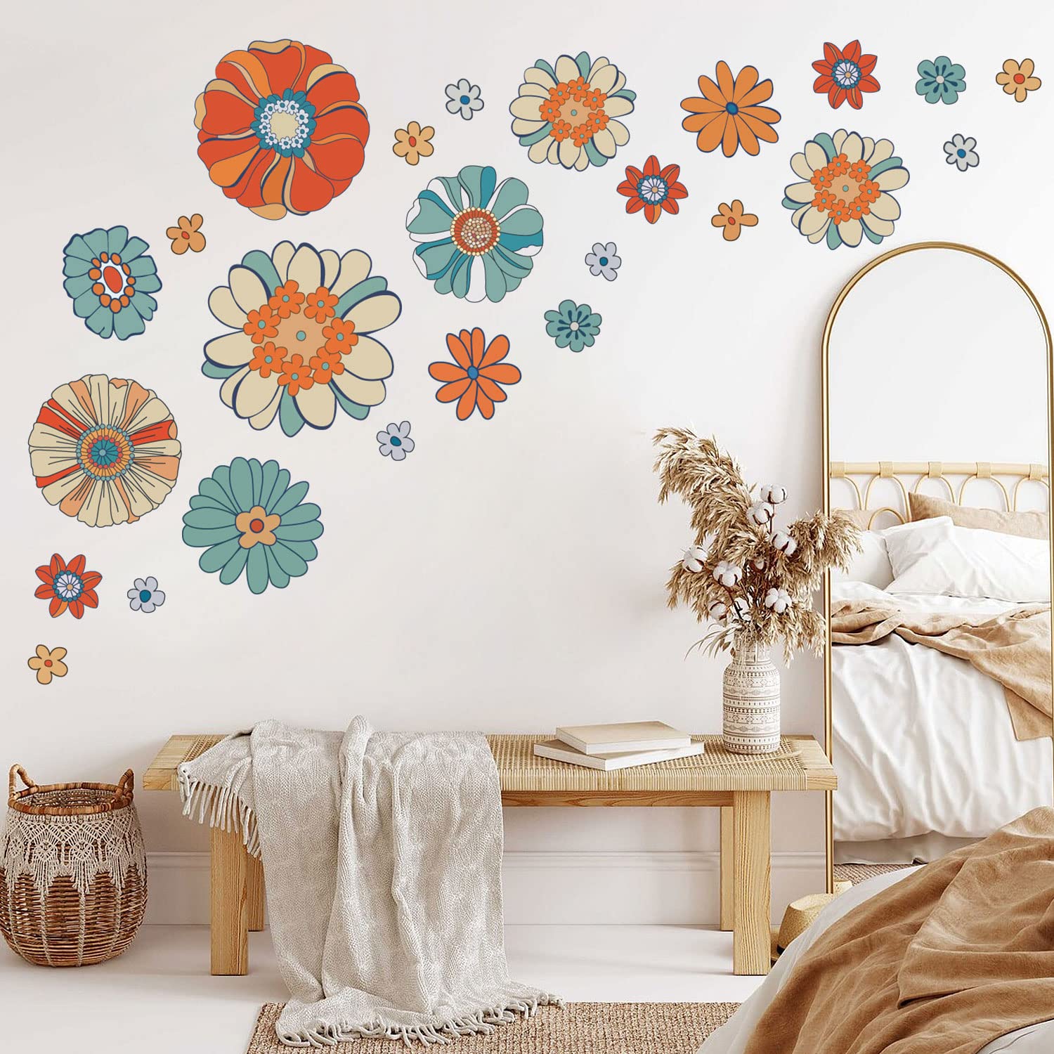 Supzone Boho Retro Floral Wall Decals Large Vintage Flower Wall Stickers Colorful Hippie Flower Wall Art Sticker For Bedroom Liv