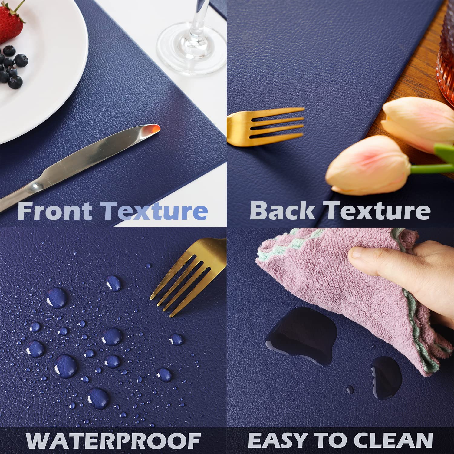 Vinjiasin Placemats Set Of 6 Navy Blue Leather Place Mats For Indoor Outdoor Kitchen Dining Table Mats Waterproof Wipeable Heat