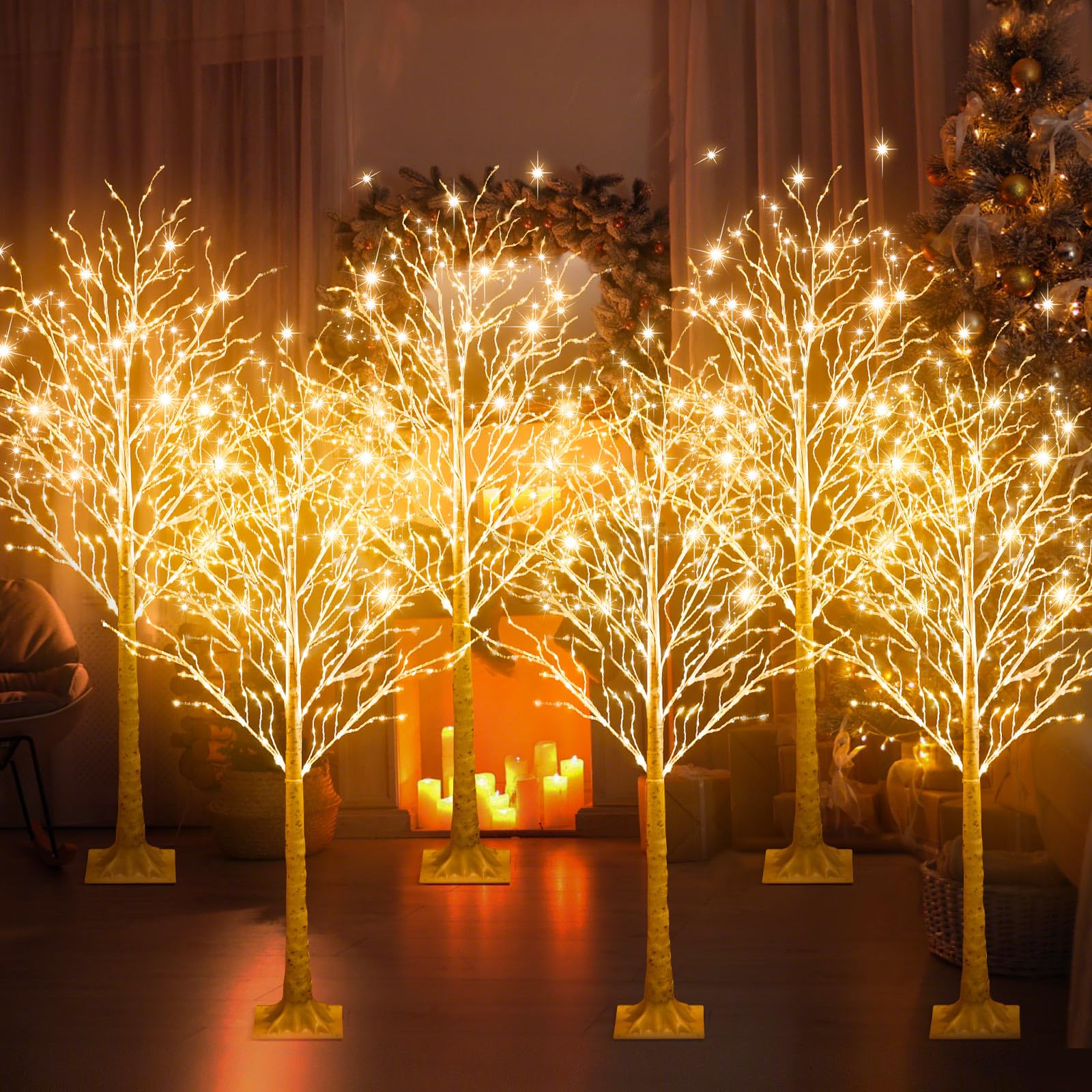 Aurelema 6 Pcs 6ft-400led Lighted Birch Tree 8 Modes Christmas Artificial LED Warm White Lights Birch Tree for Indoor and Outdoo