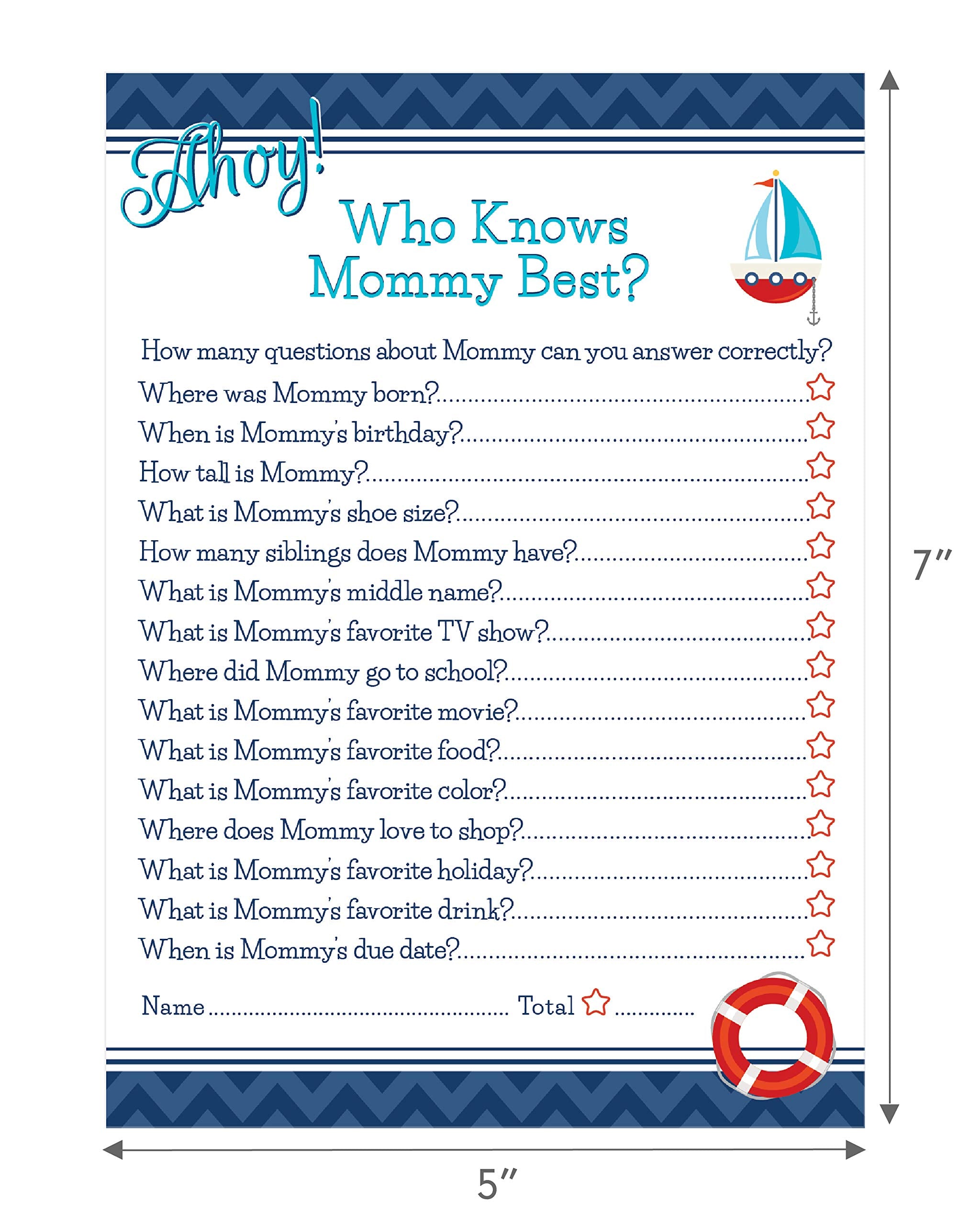 Ahoy Nautical Who Knows Mommy Best Baby Shower Game - 24 Count
