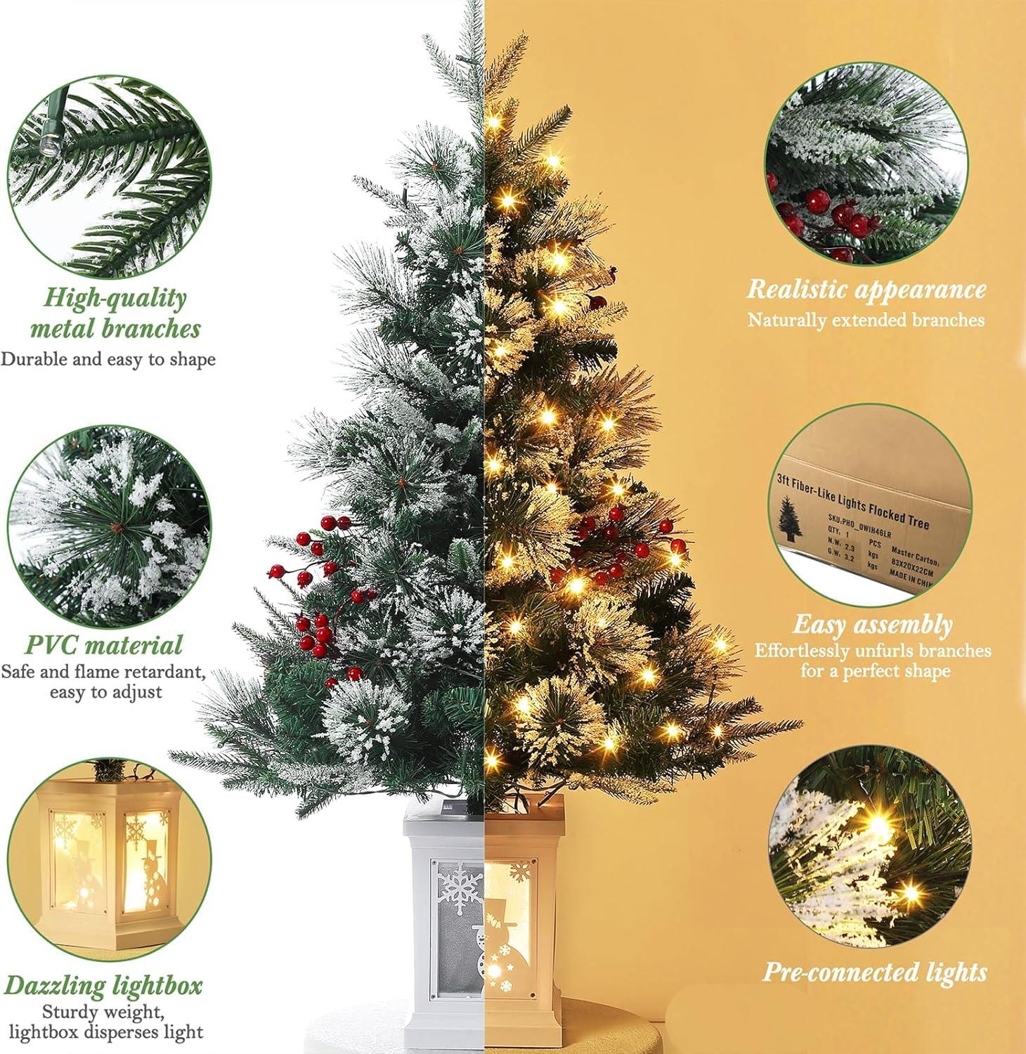 3ft Christmas Tree Pre-Lit Artificial Christmas Tree with Vintage Potted Base, Flocked Snow 78 Warm White LED Lights 8 Lighting