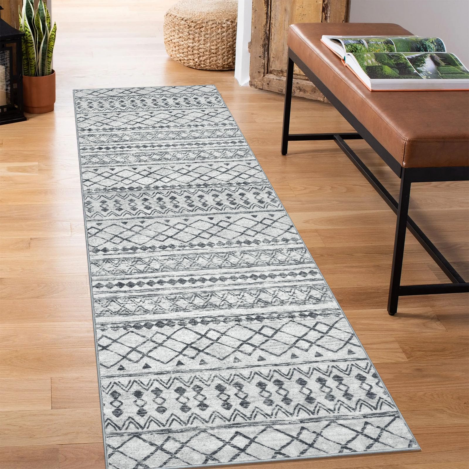 KUTA Boho Kitchen Rugs 2x5 ft Grey Moroccan Washable Runner Rug Non-Slip Vintage Hallway Rug Runner Ultra Soft Distressed Geomet