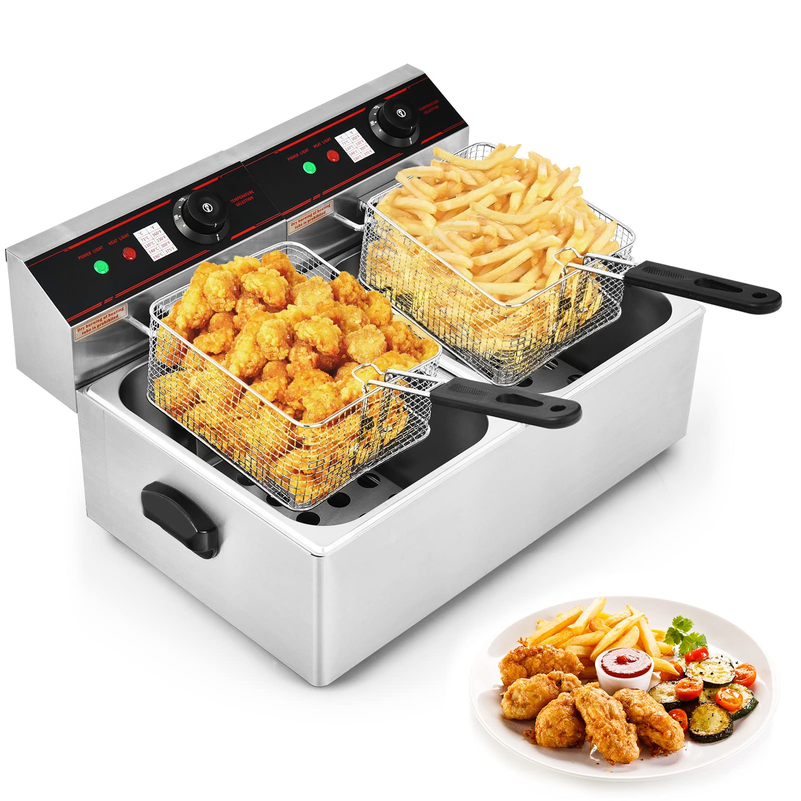 Costway Commercial Deep Fryer, 5000W Electric Countertop Fryer With Dual Large Tanks, 2 Baskets & 2 Lids, Stainless Steel Hot Oi
