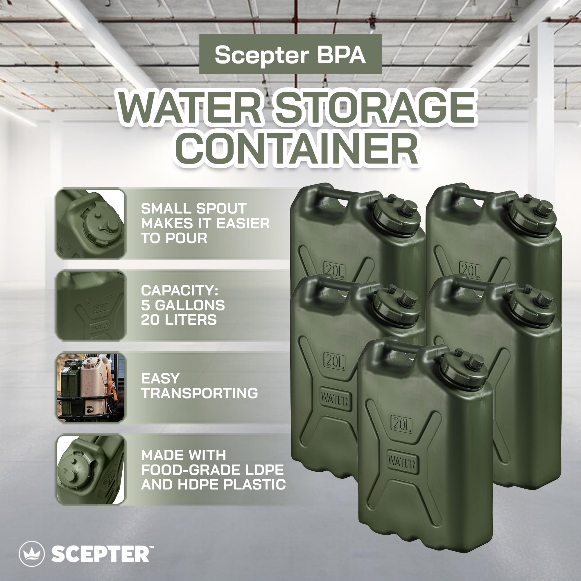 Scepter 5-Pack Portable Water Container, Military Style Storage For Camping, 5 Gallon