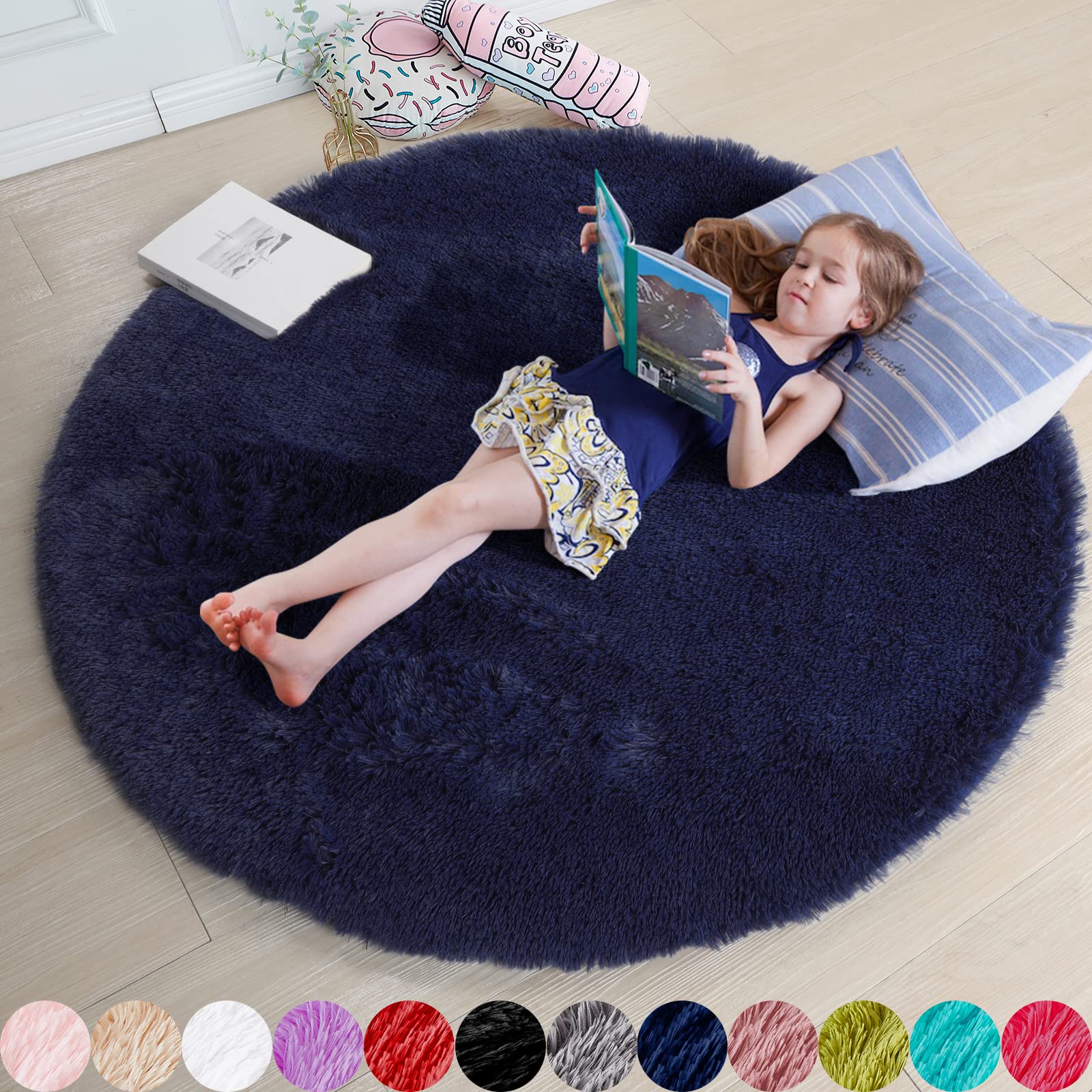 Dark Navy Round Rug 6Ft for Living Room Boys Bedroom, Fluffy Furry Fuzzy Plush Circle Area Rugs for Kids Room Decor Aesthetic, I