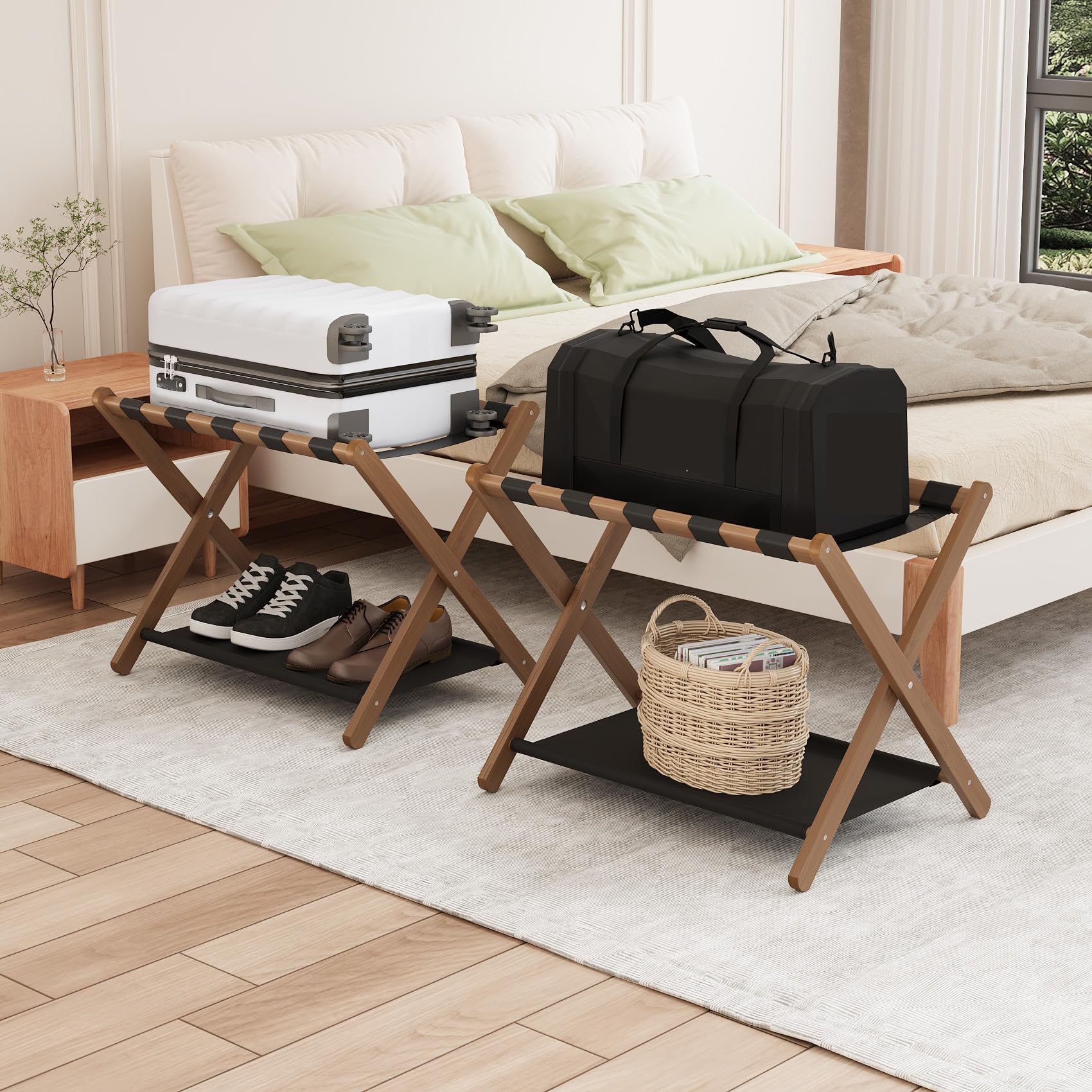 Smuxee Walnut Bamboo Luggage Rack Pack Of 2, Foldable Suitcase Stand With Storage Shelf, Easily Assembled Luggage Stand With 5 N