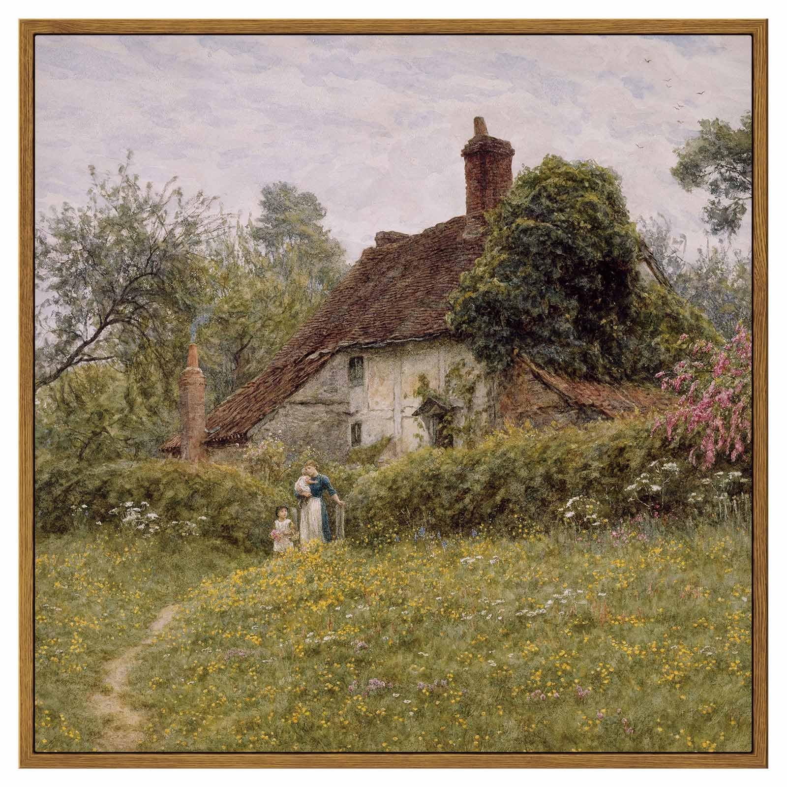 Insimsea Square Framed Canvas Wall Art, Vintage Landscape Prints Old Cottages Countryside Landscape Large Canvas Wall Art, Rusti