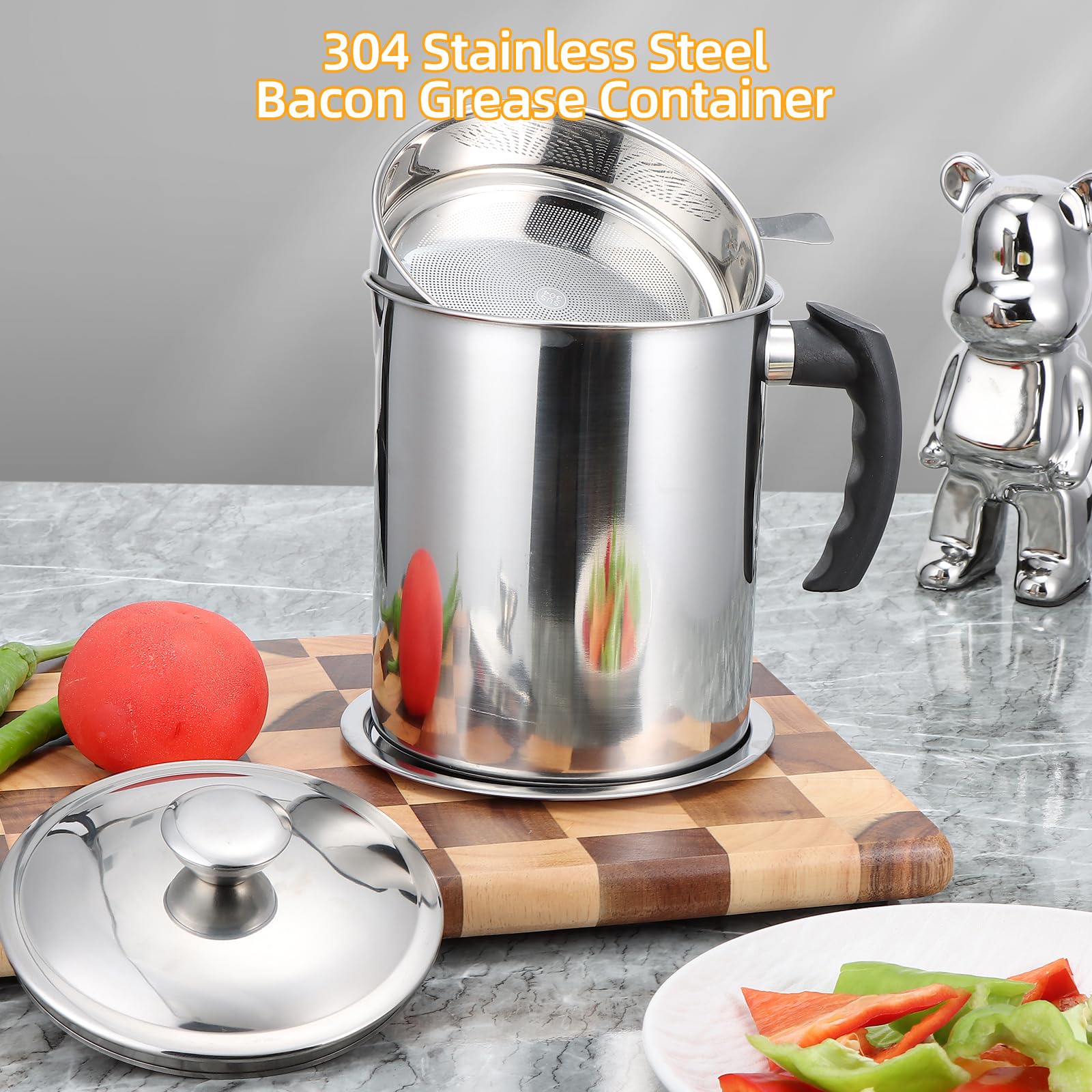 Kaemi 2.2L / 74Oz Bacon Grease Container With Strainer, Bacon Grease Keeper,Oil Storage Container For Kitchen,Filtered Oil Jug W