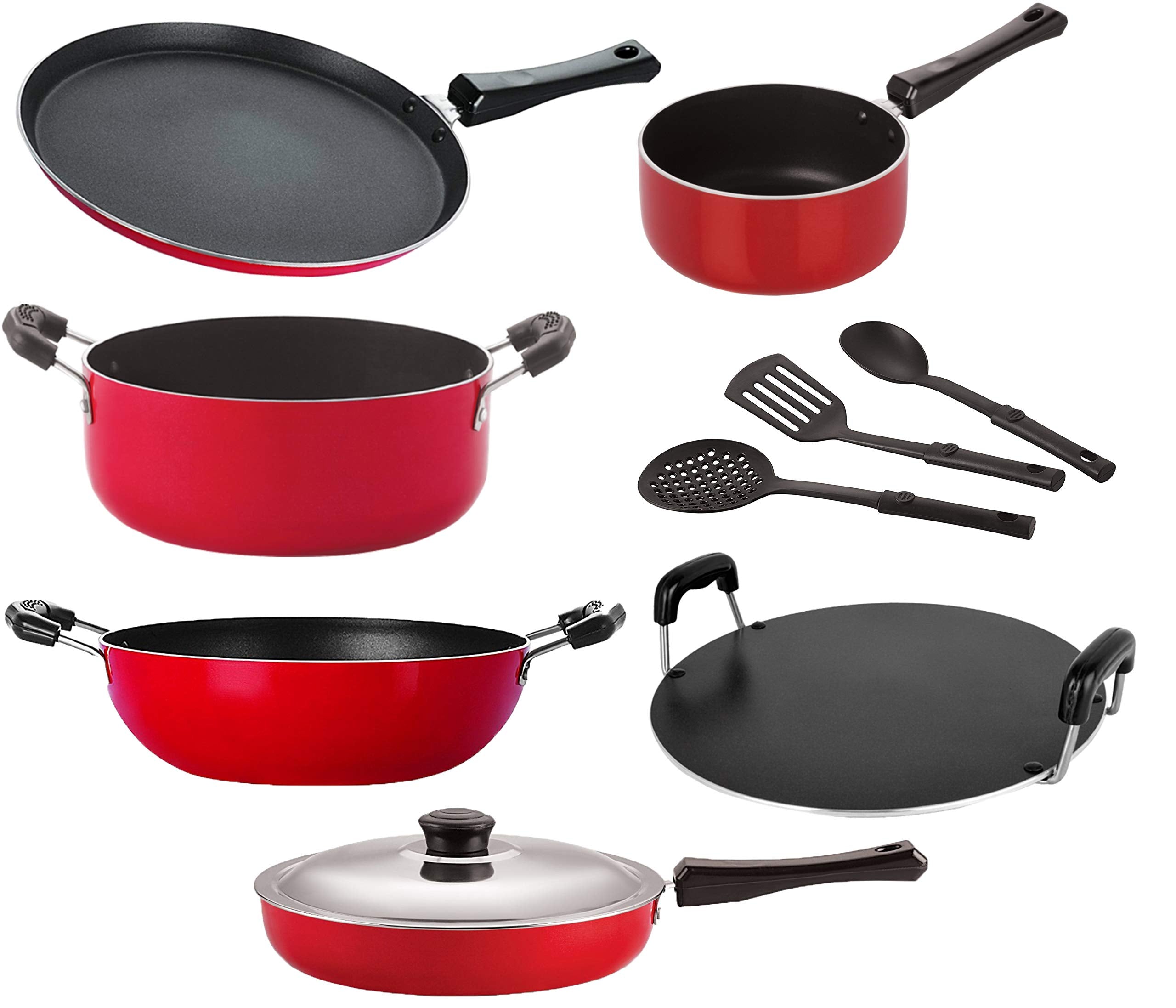 Nirlon Non Stick Cookware Pots And Pans Set Of 9 Pieces { 26_Ft13_Kd14_Spm_Rt_Cass20_Fp12_3Spn }