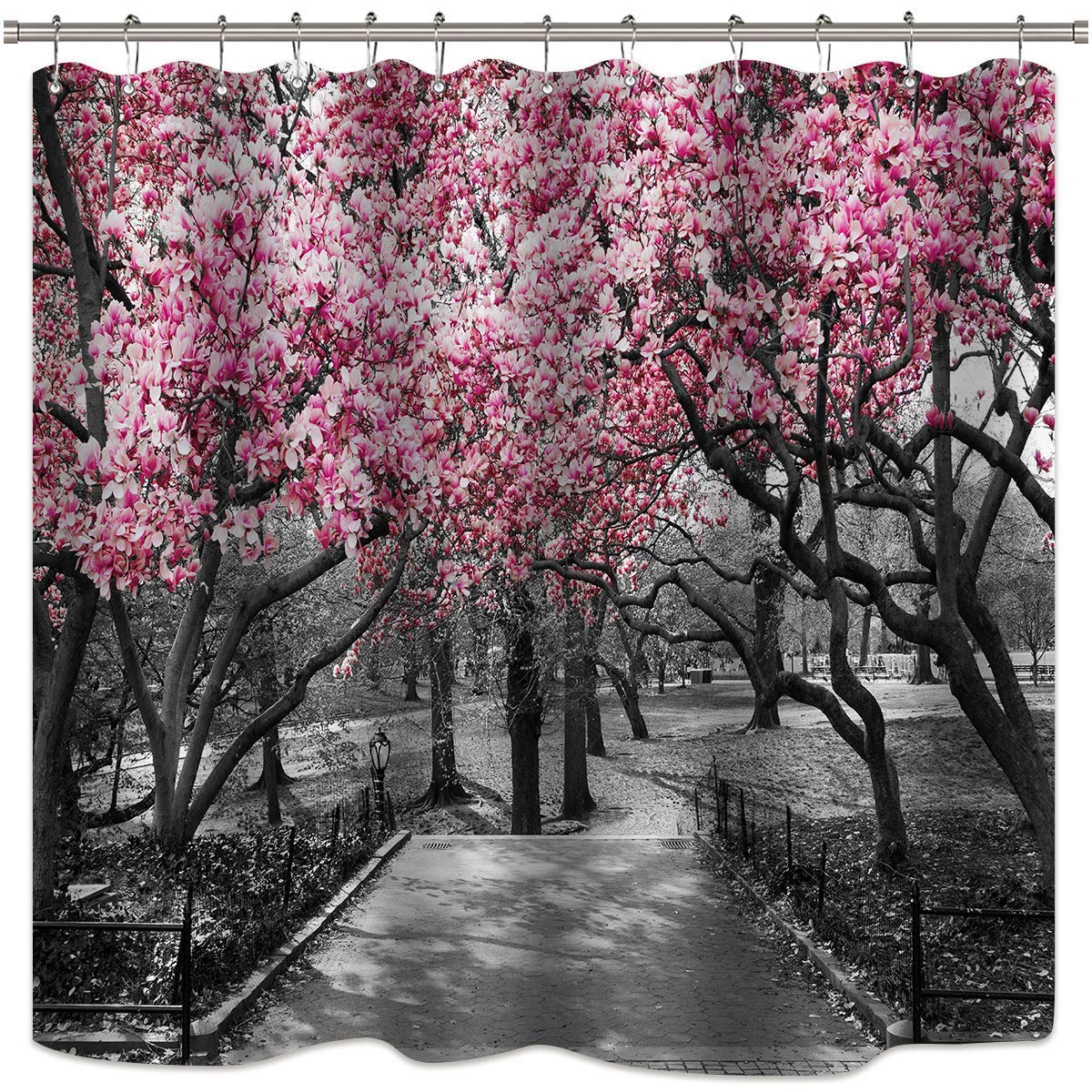Riyidecor Blooming Pink and Gray Shower Curtain Forest Flowers Cherry Blossoms Park Spring Floral Trees Road Landscape Scenic Fabric Waterproof Bathroom Decor Set 72x72 Inch 12 Shower Plastic Hooks