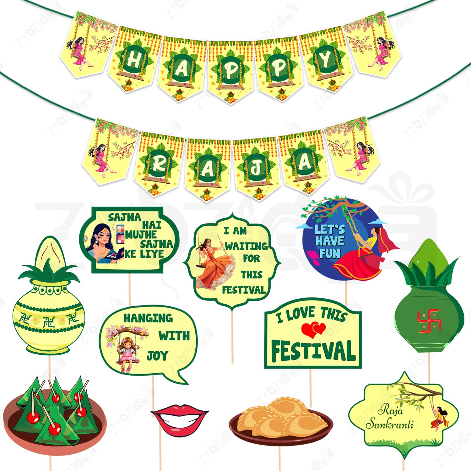Zyozique Raja Parba Decorations Combo | Happy Raja Parba Items | Paper Banner & Photo Booth Props for Raja Festival | Odisha Fes
