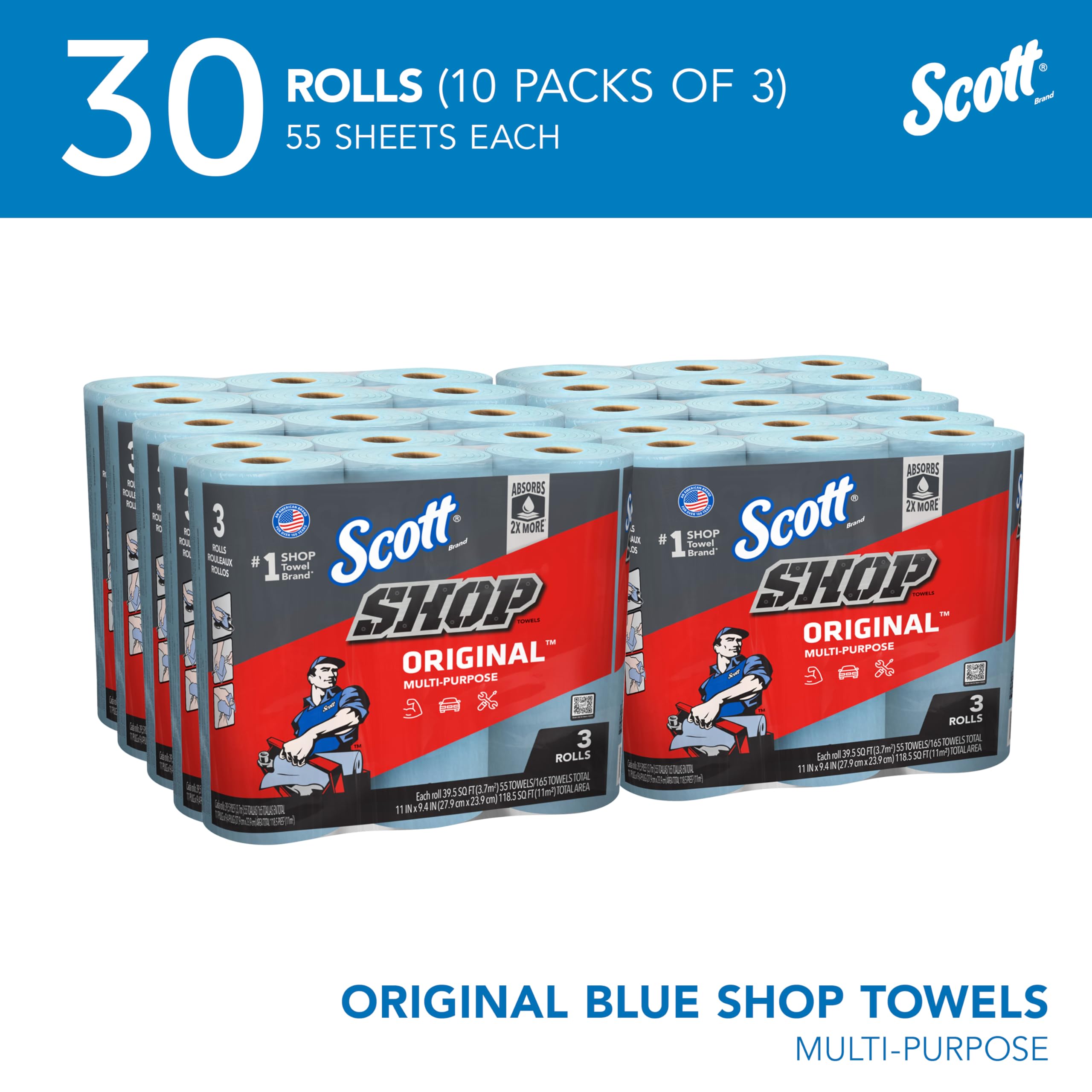 Scott Shop Towels Original (75143), Original Blue Shop Towels, 9.4''X11'' Sheets, 10 Packs Of 3 Rolls (55 Towels/Roll, 30 Rolls/