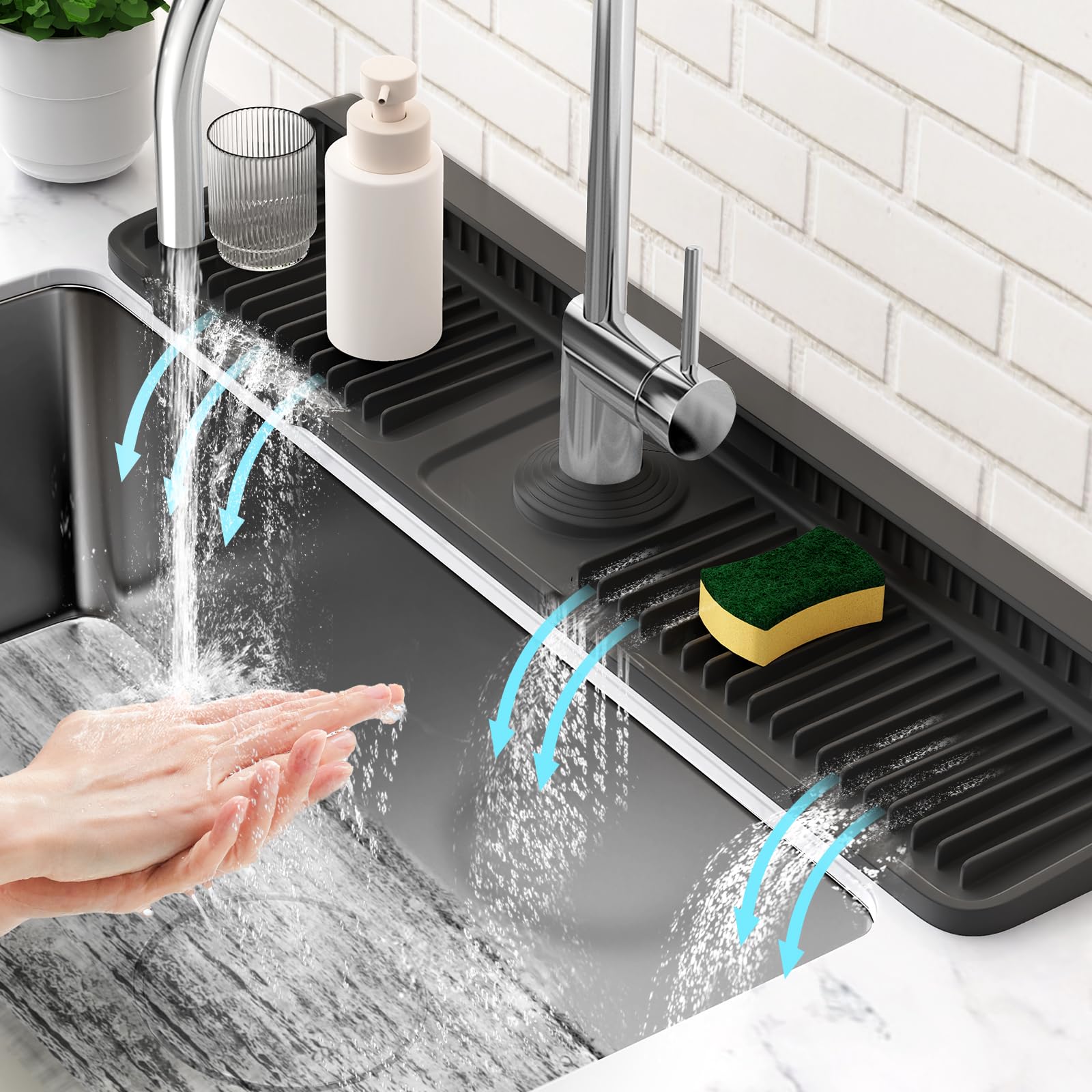 24 Longer Faucet Mat for Kitchen Sink Splash Guard[7 Slope Fast Self-draining][Snap Lock Fit]Kitchen Sink Faucet Mat Splash Gu
