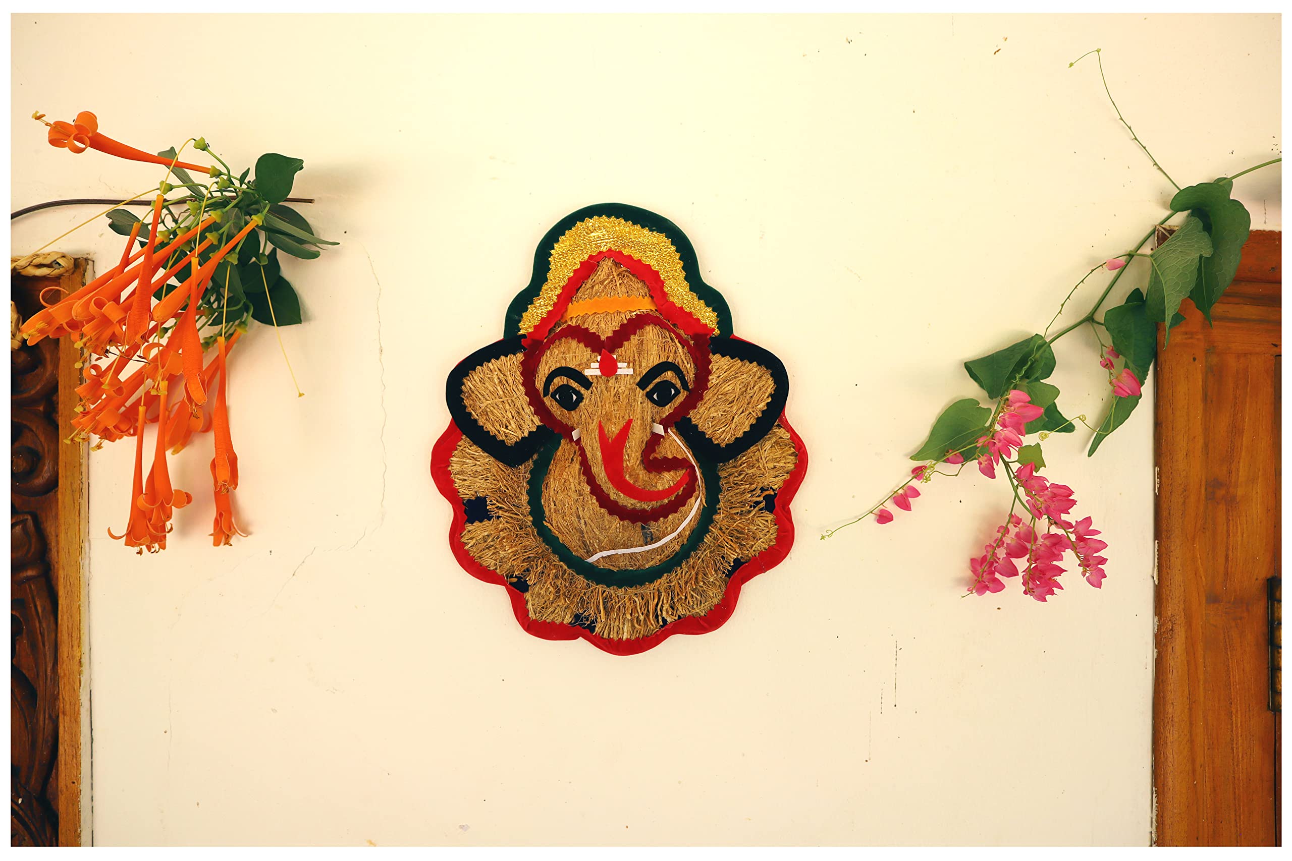 Usira Vetiver Small Flower Lord Ganesha Ji Statue, Ganpati Wall Hanging From Lavancha Root Sculpture Lord Ganesh Idol Lucky Feng