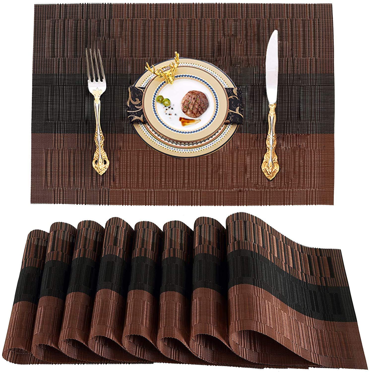 Fariox Placemats Woven Vinyl Place Mats for Dining Table Heat Resistant Table Mats Wipeable (Brown and Black, 6)