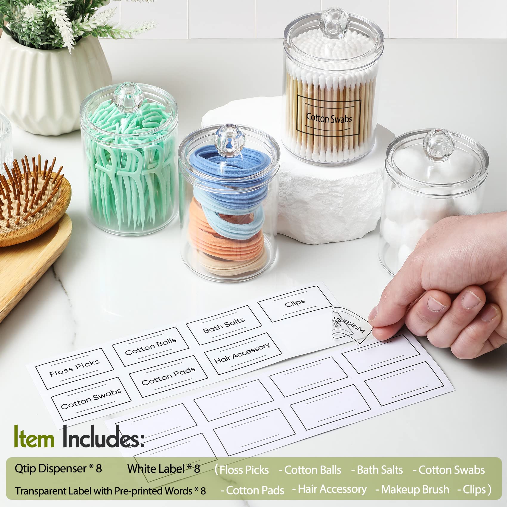 Aozita 8 Pack Acrylic Qtip Holder Dispenser With Lids & Labels, Cotton Ball, Cotton Swab, Cotton Round Pads, Floss Storage Canis