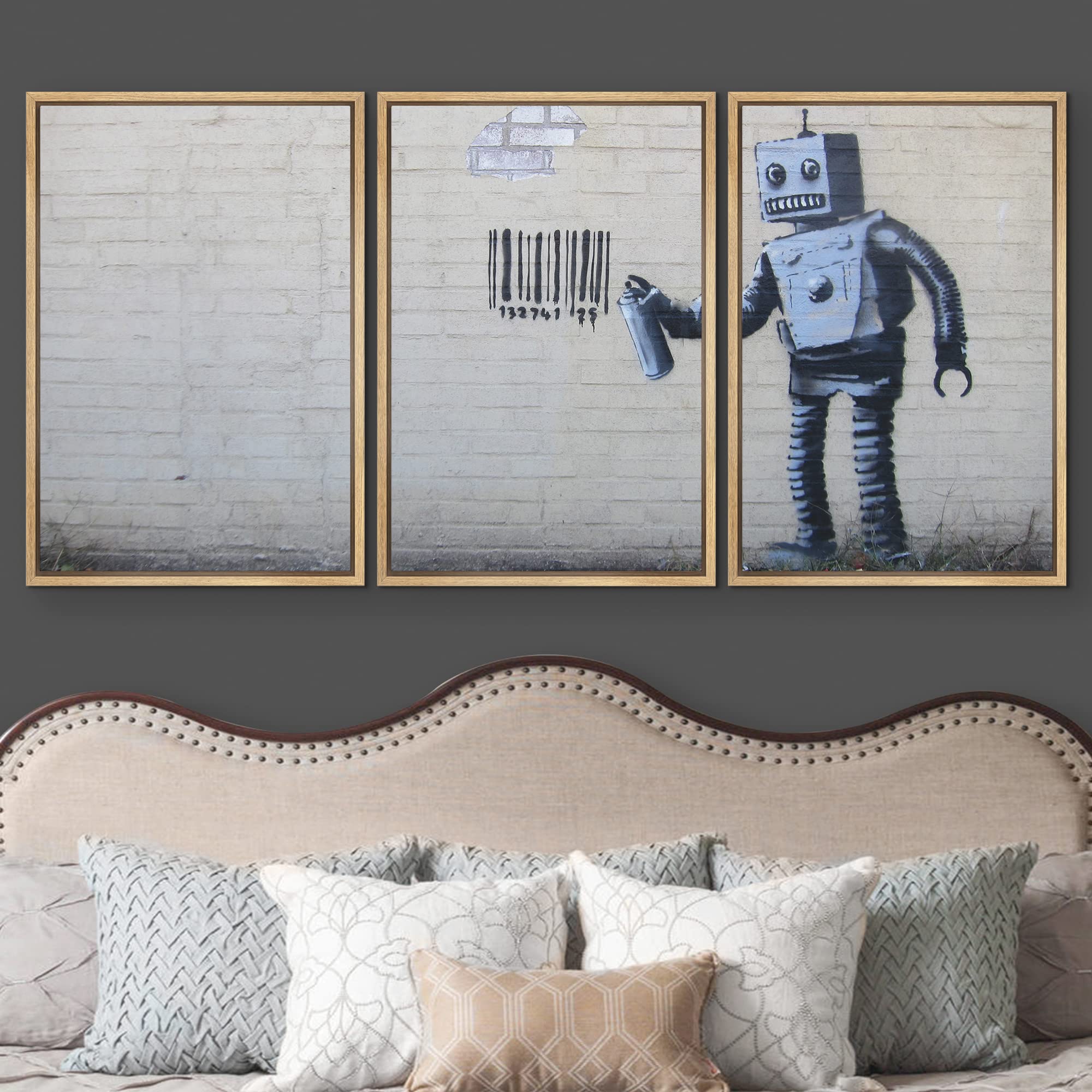 Wall26 - Robot Graffiti Banksy Street - Framed Canvas Art Wall Art - 16''X24''X3 Natural