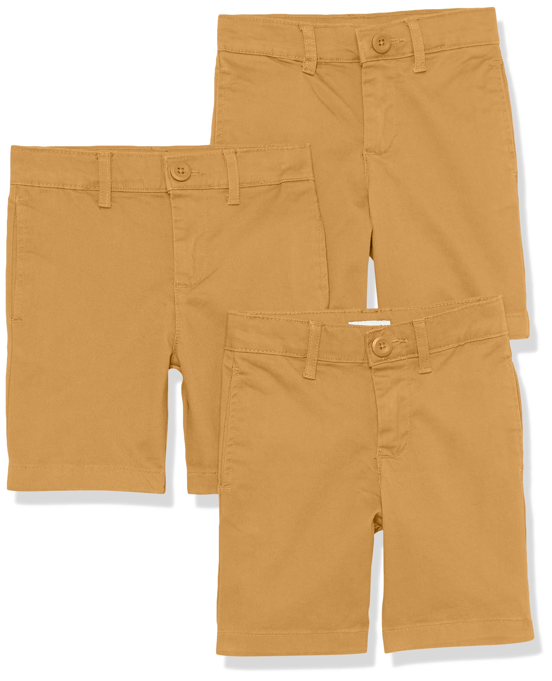 Amazon Essentials Boys Uniform Woven Flat-Front Shorts, Pack Of 3, Dark Khaki Brown, 14