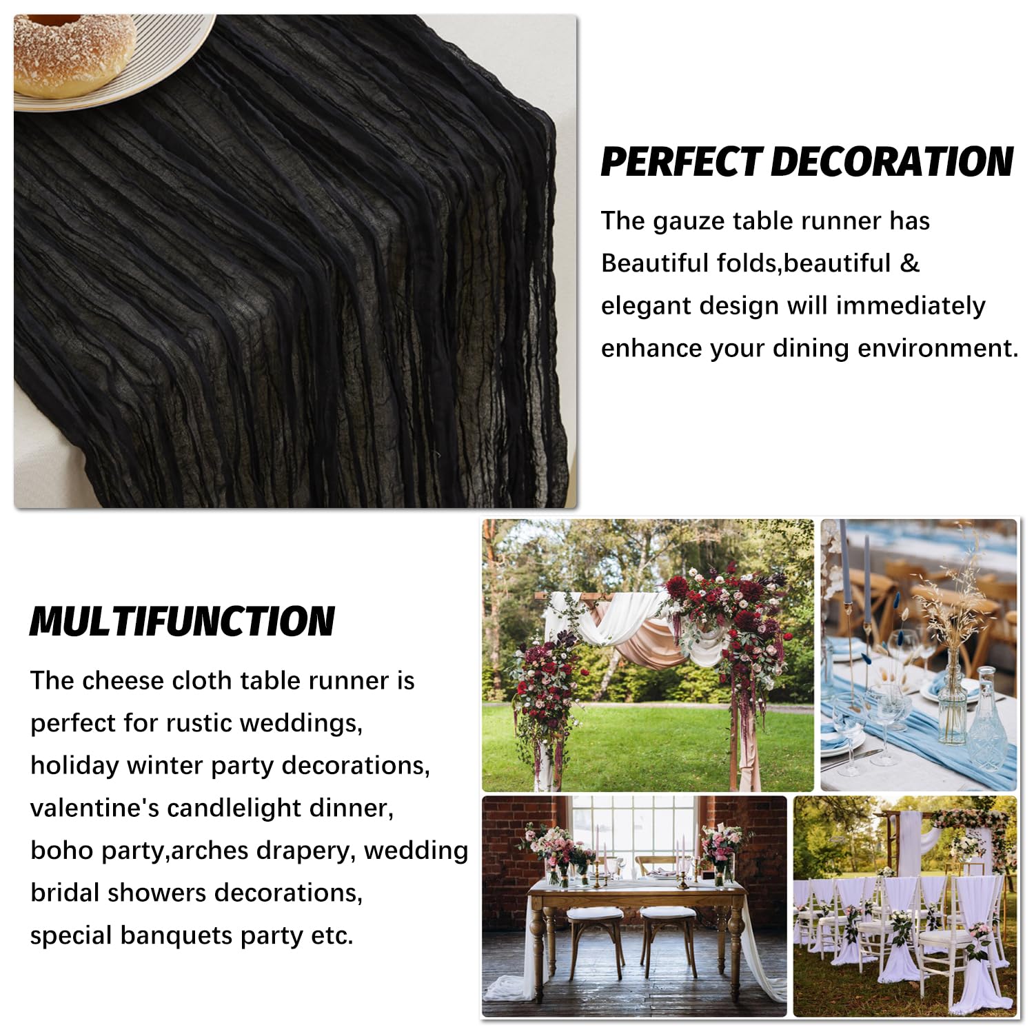 Nialnant 10 Pack Black Table Runners,35 X 160 Inch Cheese Cloth Table Runner For New Year Party,Birthday Party,Wedding Decor Arc