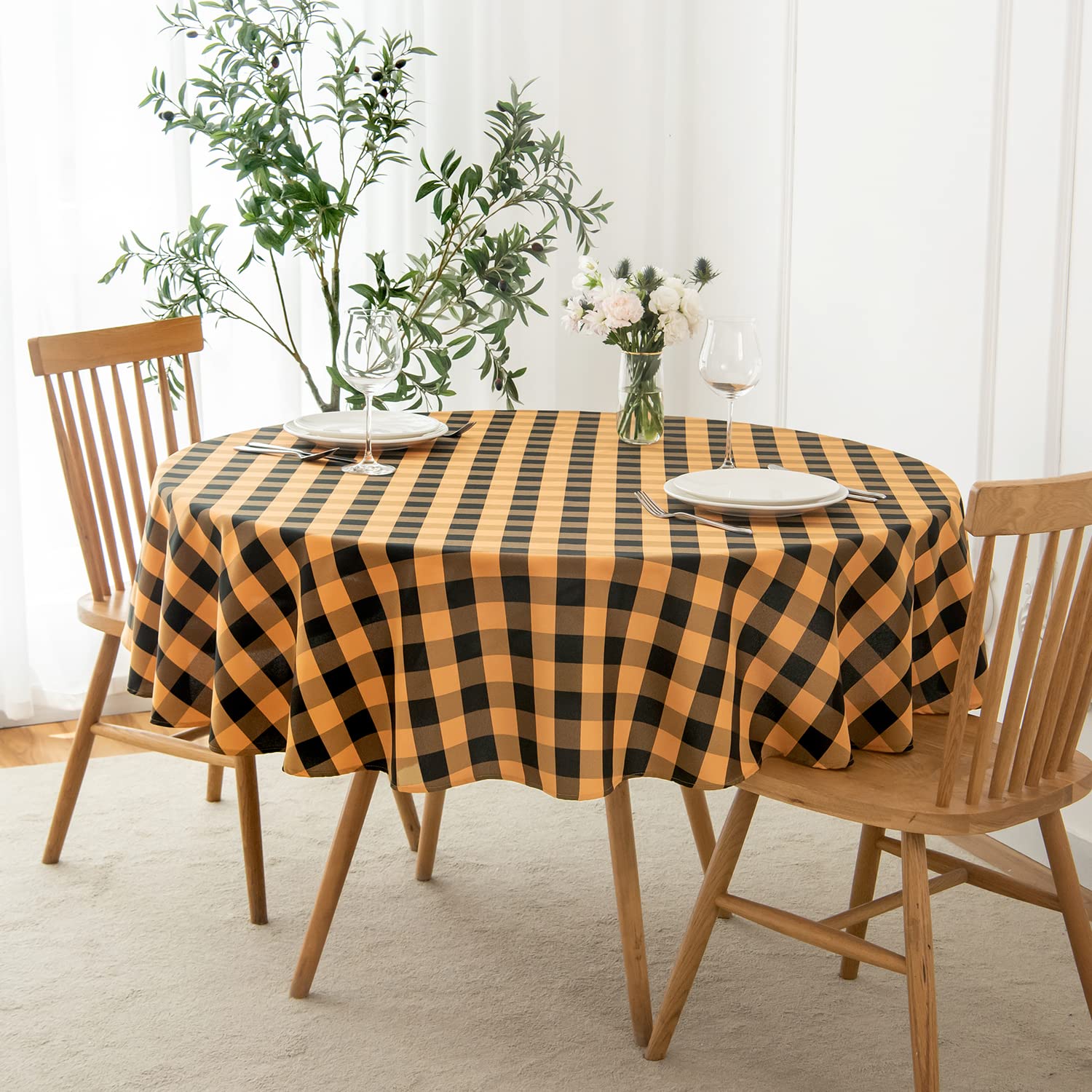 Maxmill Round Checkered Halloween Tablecloth Spillproof Wrinkle Free Heavy Weight Gingham Table Cloth For Circular Table Cover B